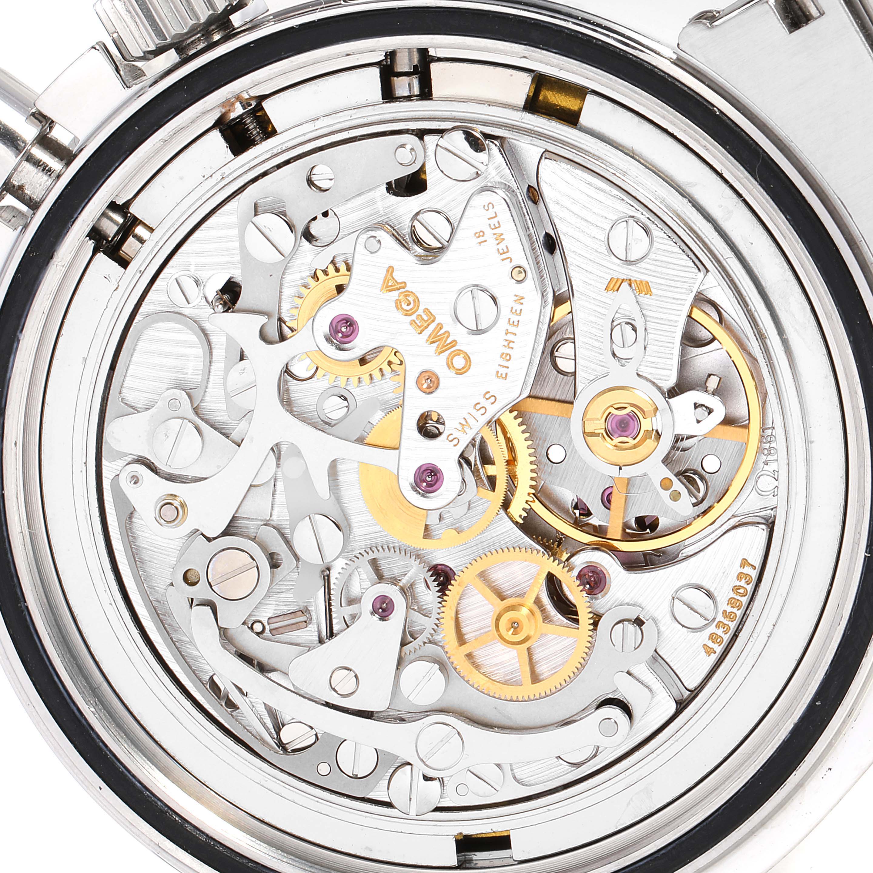 This image shows the intricate inner mechanism of the Omega Speedmaster 3594.50.00 Men
s Stainless Steel Black Dial 3594.50.00 Men
s Stainless Steel Black Dial watch, viewed from the back.