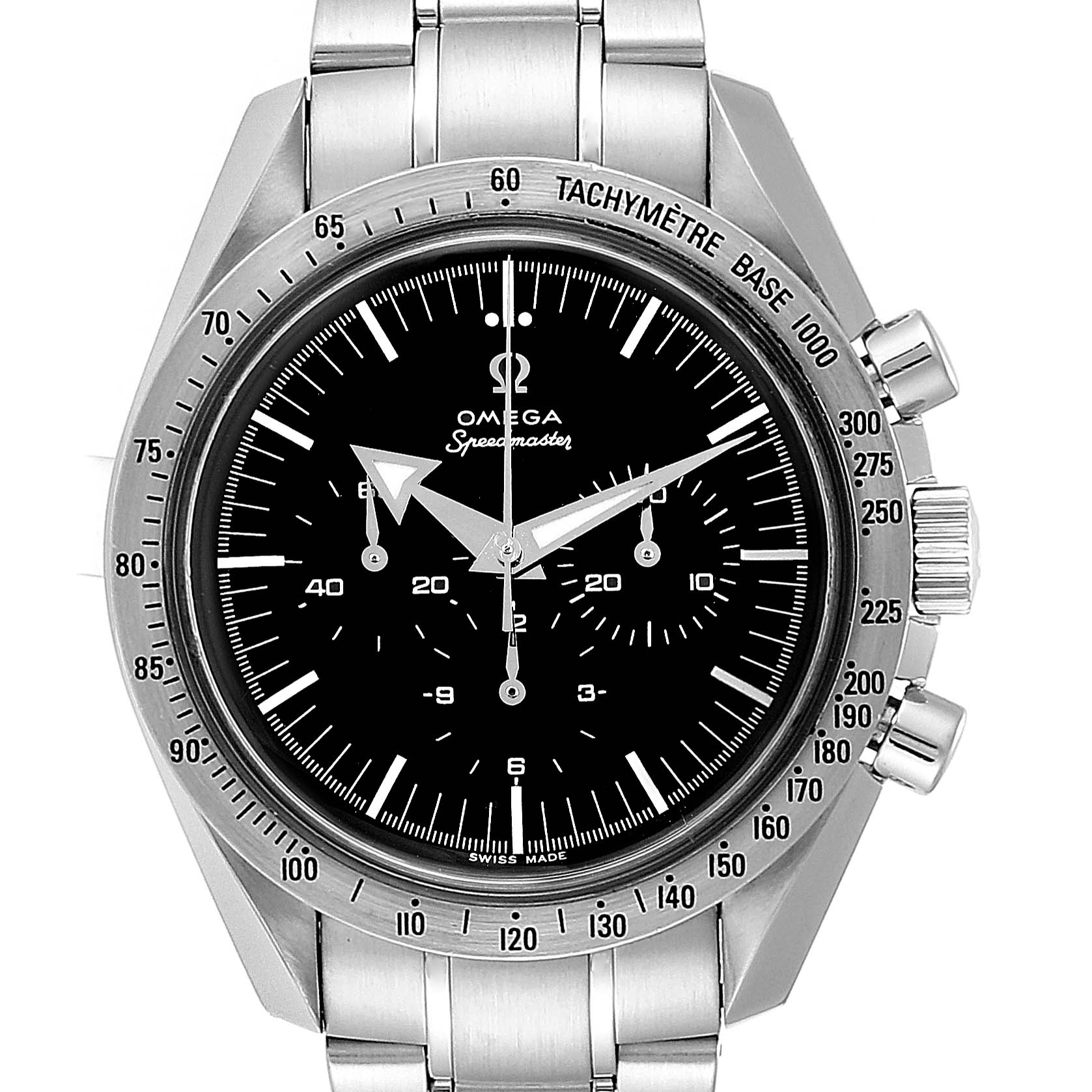 The Omega Speedmaster 3594.50.00 Men
s Stainless Steel Black Dial 3594.50.00 Men
s Stainless Steel Black Dial watch is shown from a front view, highlighting the dial, bezel, and part of the bracelet.