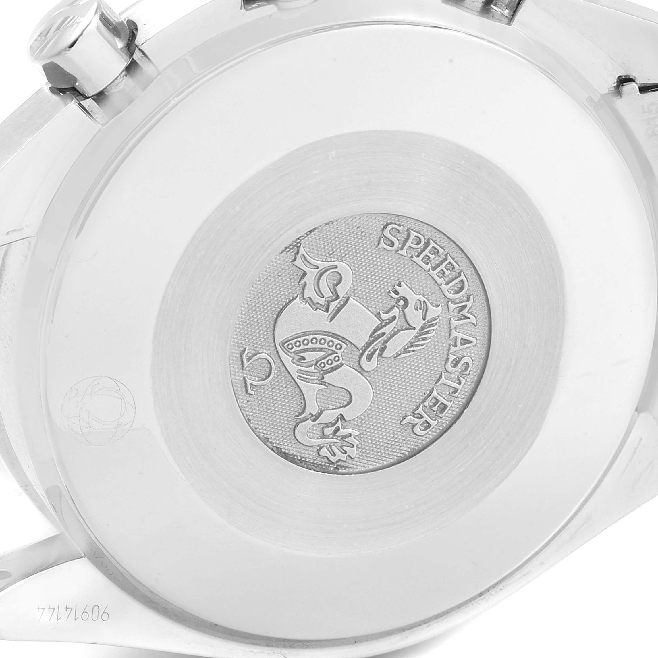 The image shows the case back of an Omega Speedmaster 3539.50.00 Men
s Stainless Steel Black Dial 3539.50.00 Men
s Stainless Steel Black Dial watch with the emblem and engravings visible.