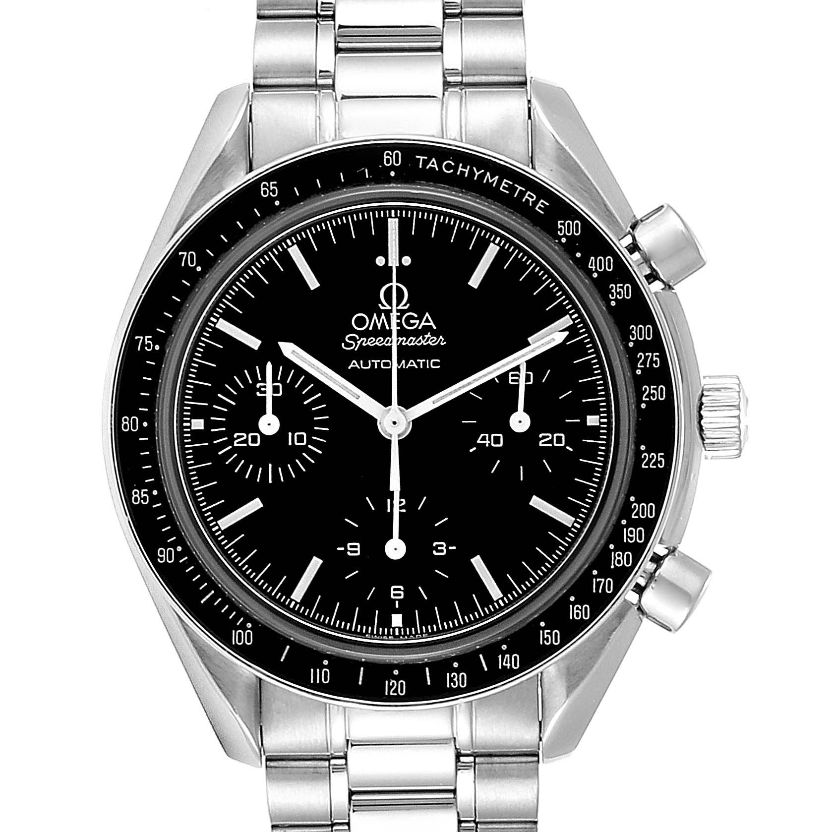 This image shows a front view of the Omega Speedmaster 3539.50.00 Men
s Stainless Steel Black Dial 3539.50.00 Men
s Stainless Steel Black Dial watch, highlighting dial, bracelet, bezel, and pushers.