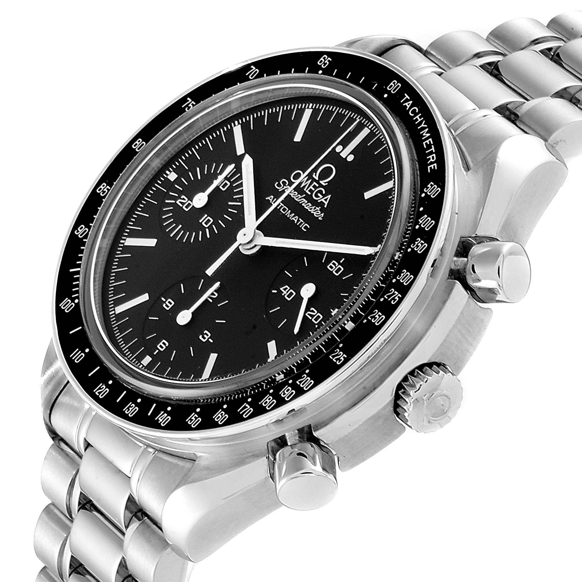 The image shows an angled view of an Omega Speedmaster 3539.50.00 Men
s Stainless Steel Black Dial 3539.50.00 Men
s Stainless Steel Black Dial watch, focusing on the face, bracelet, and side buttons.