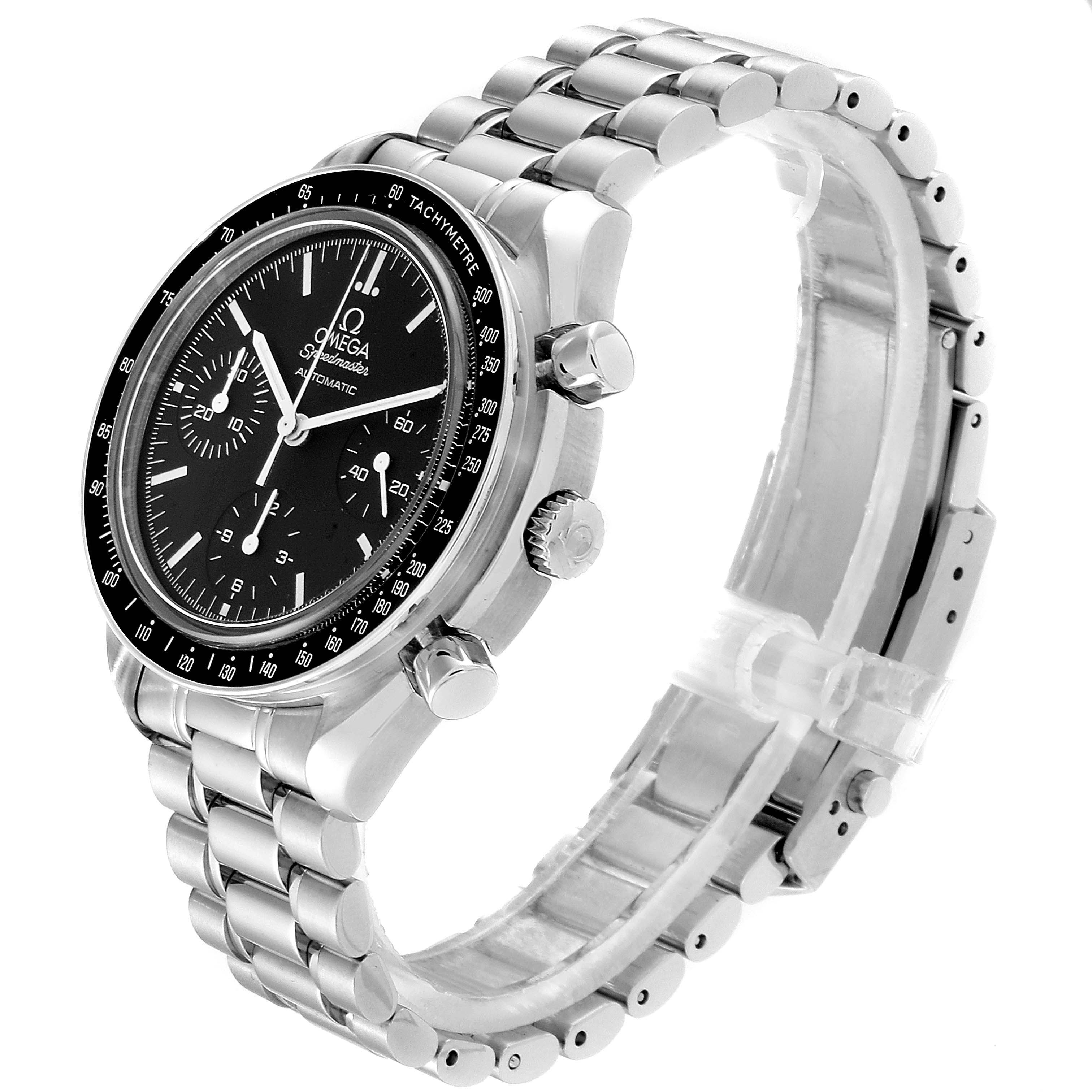 The Omega Speedmaster 3539.50.00 Men
s Stainless Steel Black Dial 3539.50.00 Men
s Stainless Steel Black Dial watch is shown at a three-quarter angle, displaying the dial, bezel, crown, pushers, and bracelet.