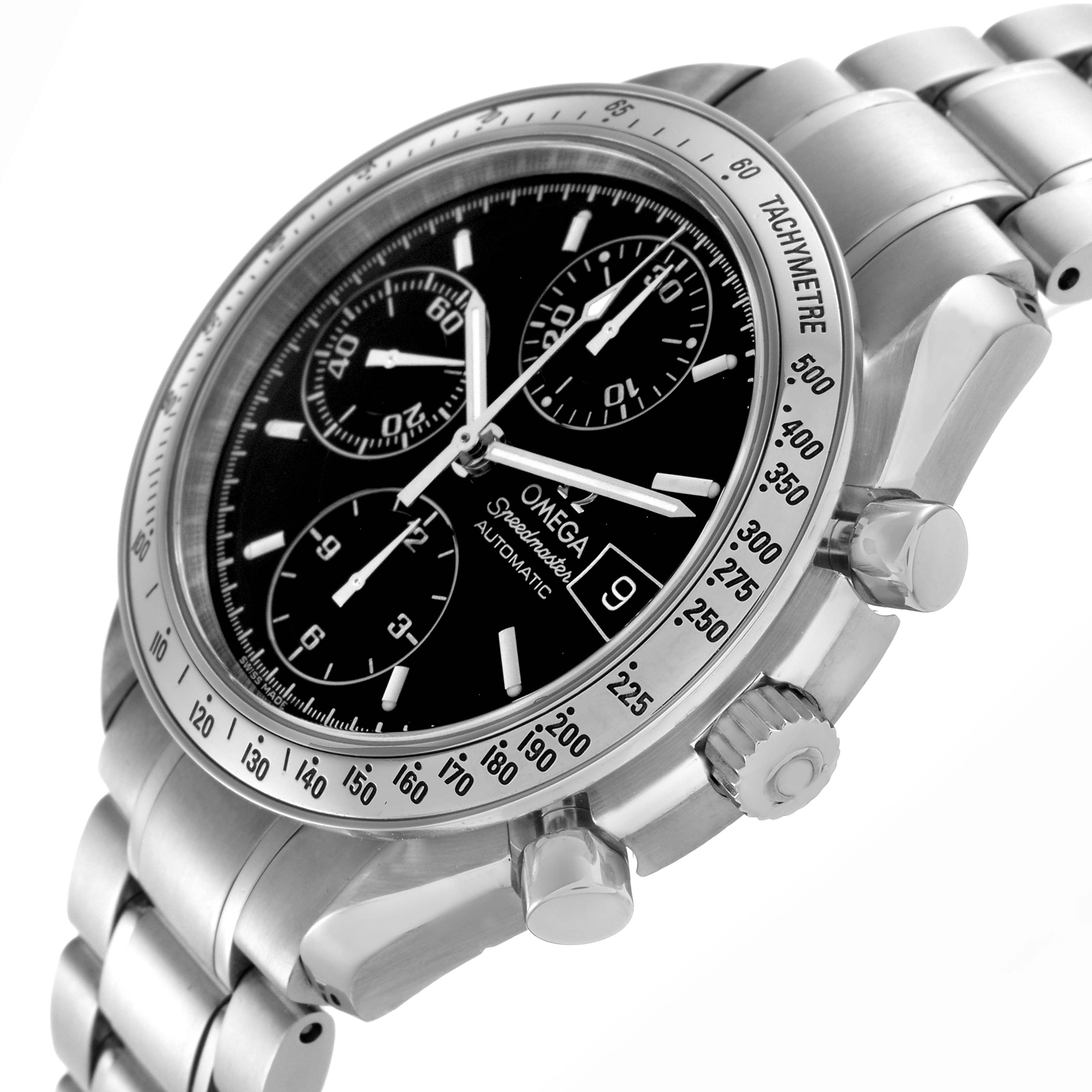 The image shows an Omega Speedmaster 3513.50.00 Men
s Stainless Steel Black Dial 3513.50.00 Men
s Stainless Steel Black Dial watch from a slight side angle, highlighting the dial, tachymeter bezel, crown, and pushers.