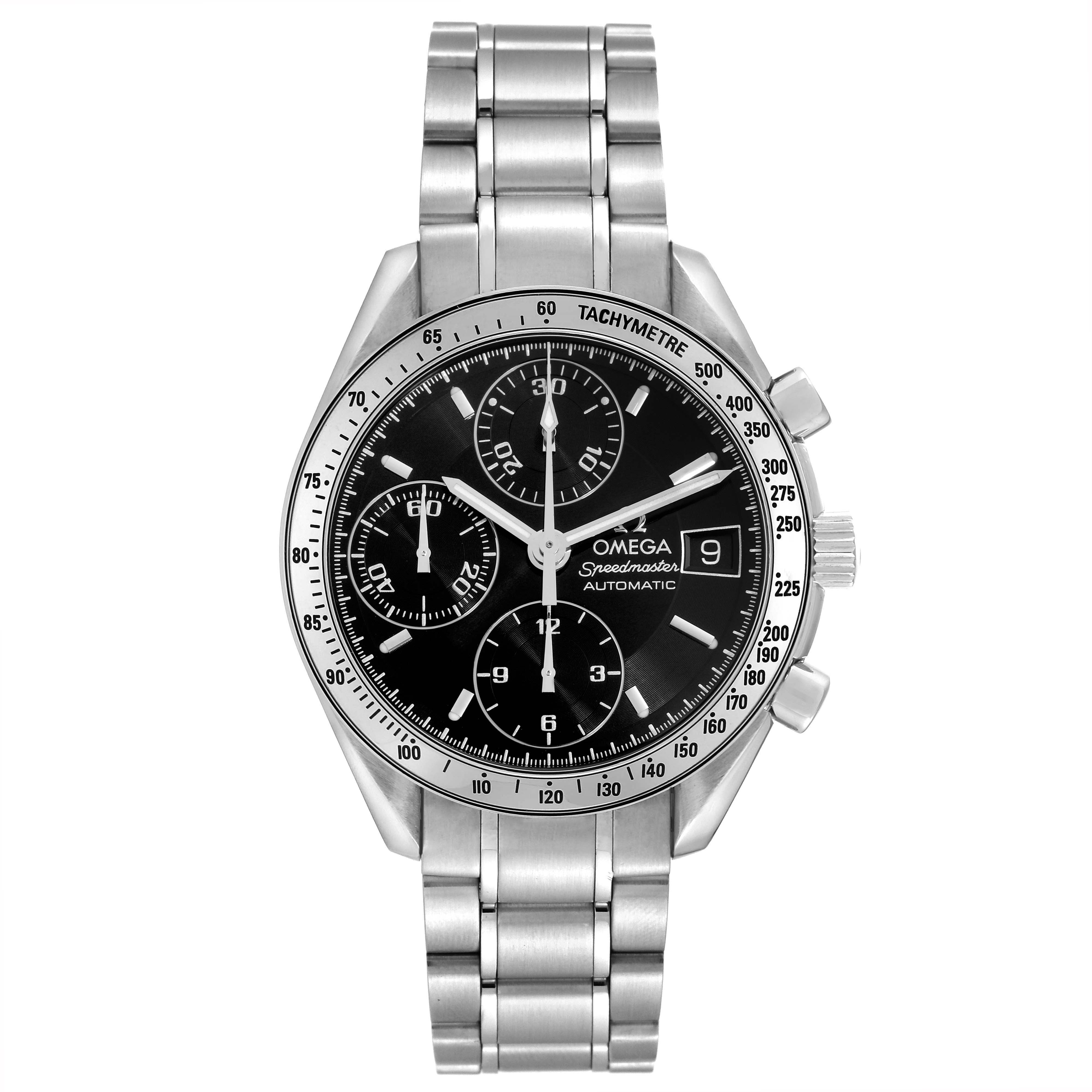 The Omega Speedmaster 3513.50.00 Men
s Stainless Steel Black Dial 3513.50.00 Men
s Stainless Steel Black Dial watch is shown from a top-down angle, highlighting the entire face, chronograph sub-dials, and bracelet.