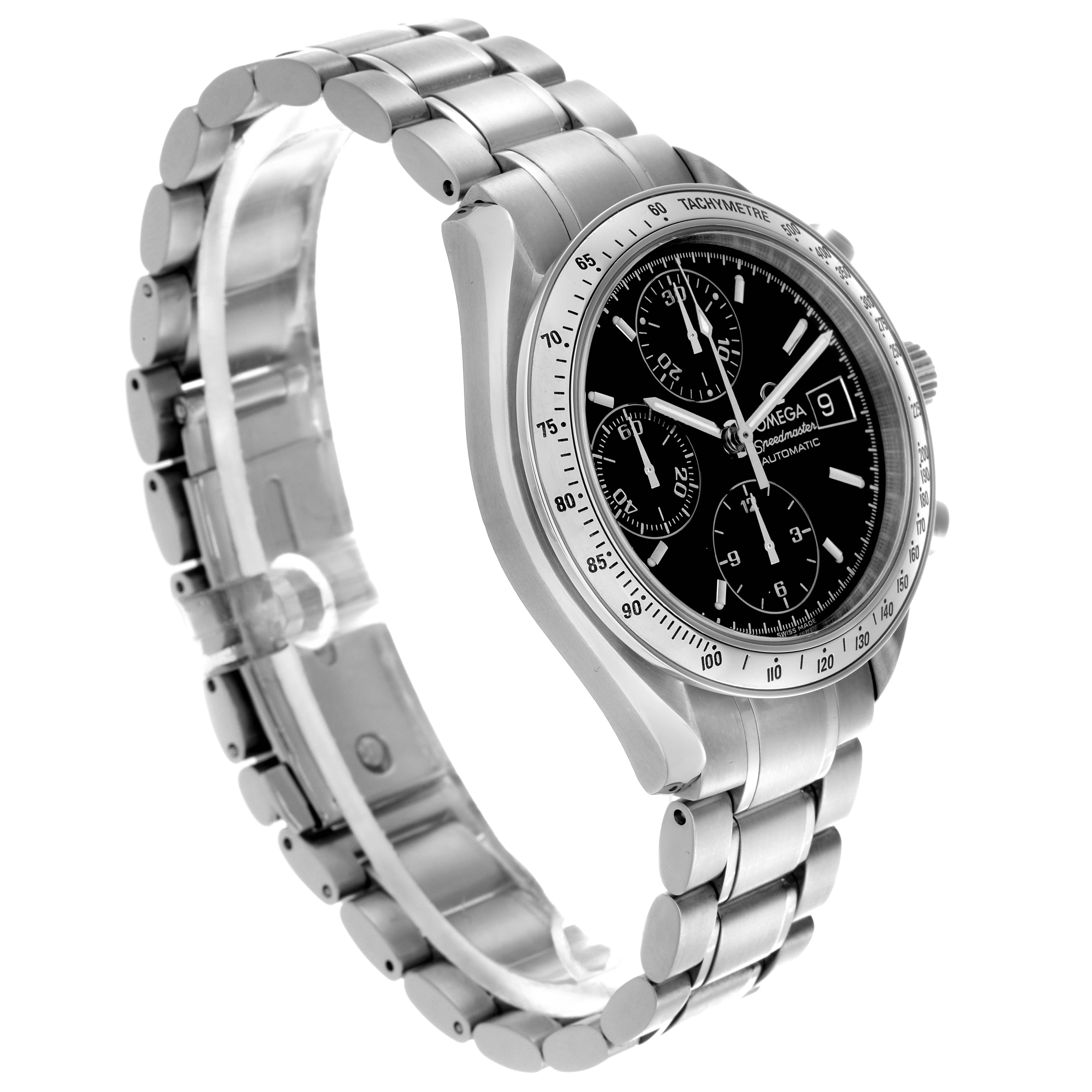 The Omega Speedmaster 3513.50.00 Men
s Stainless Steel Black Dial 3513.50.00 Men
s Stainless Steel Black Dial is shown at a slight angle highlighting the watch face, bezel, and stainless steel bracelet.