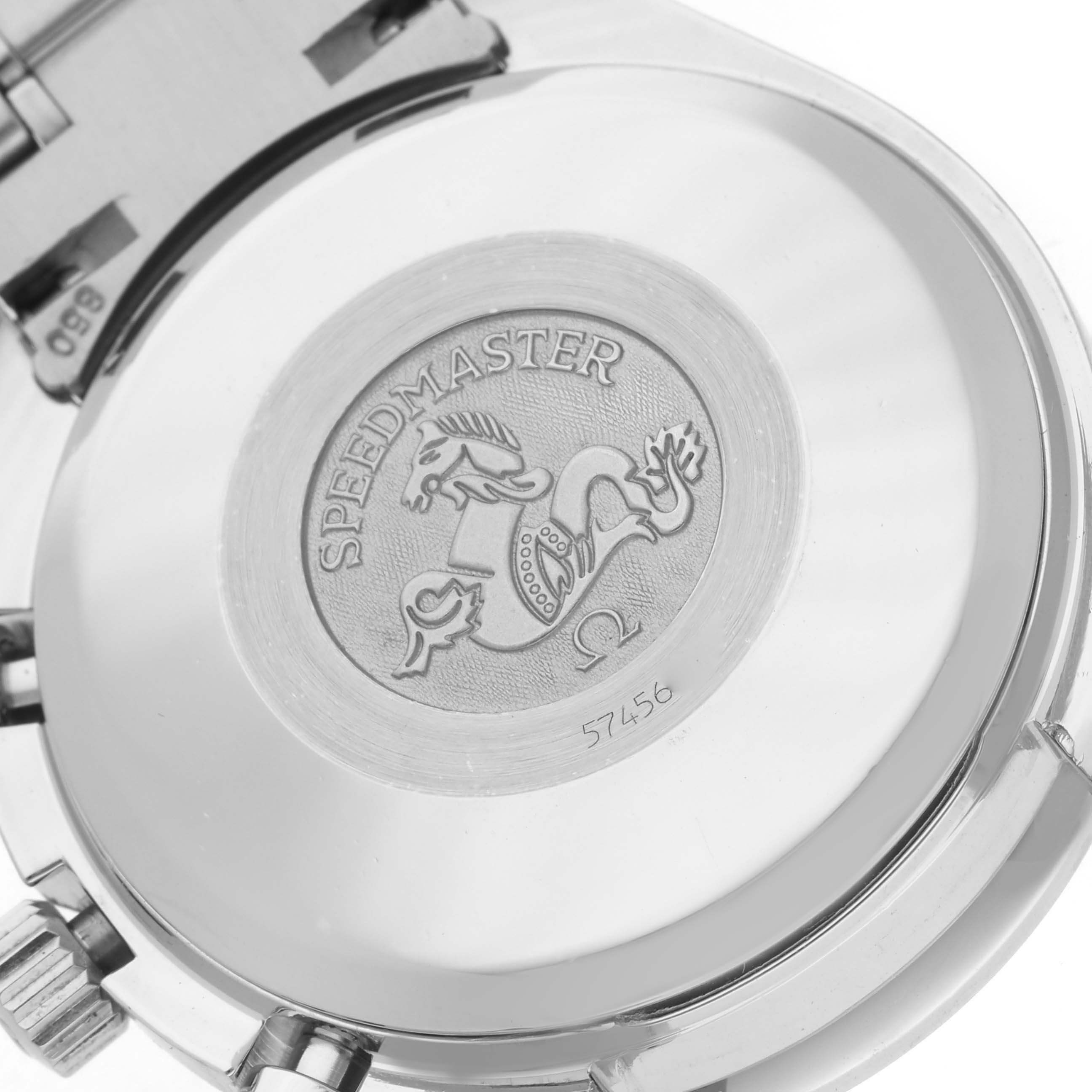 The image shows the back of an Omega Speedmaster 3513.50.00 Men
s Stainless Steel Black Dial 3513.50.00 Men
s Stainless Steel Black Dial watch featuring the engraved emblem and branding.