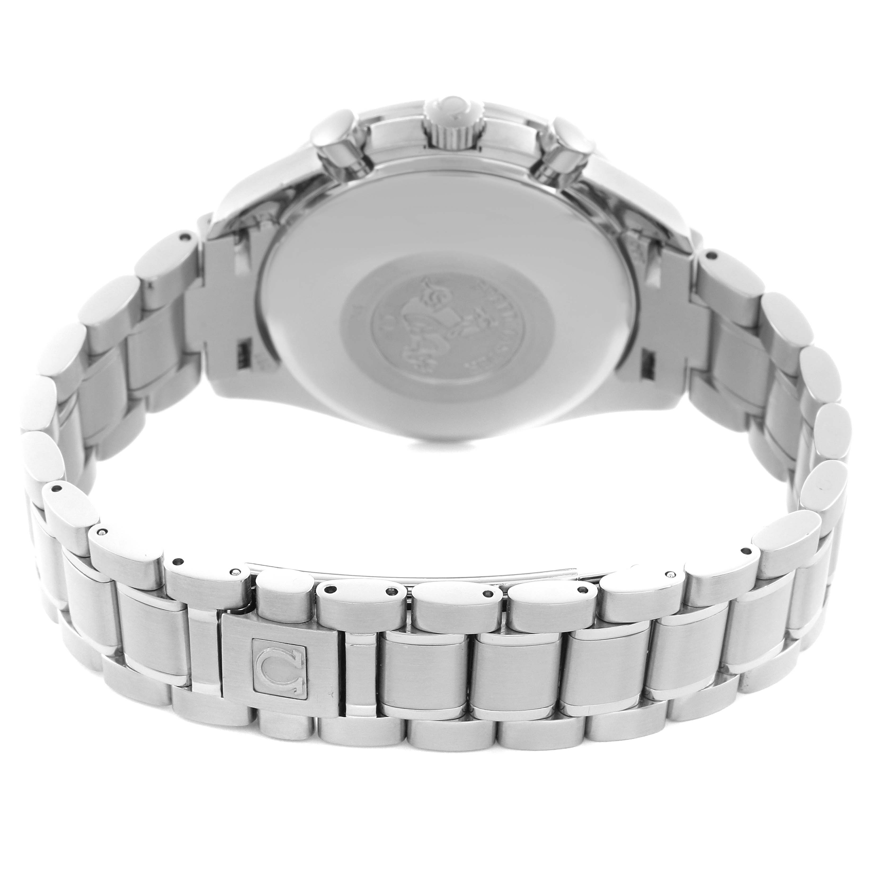 The Omega Speedmaster 3513.50.00 Men
s Stainless Steel Black Dial 3513.50.00 Men
s Stainless Steel Black Dial watch is shown from the back, highlighting the bracelet and case back.