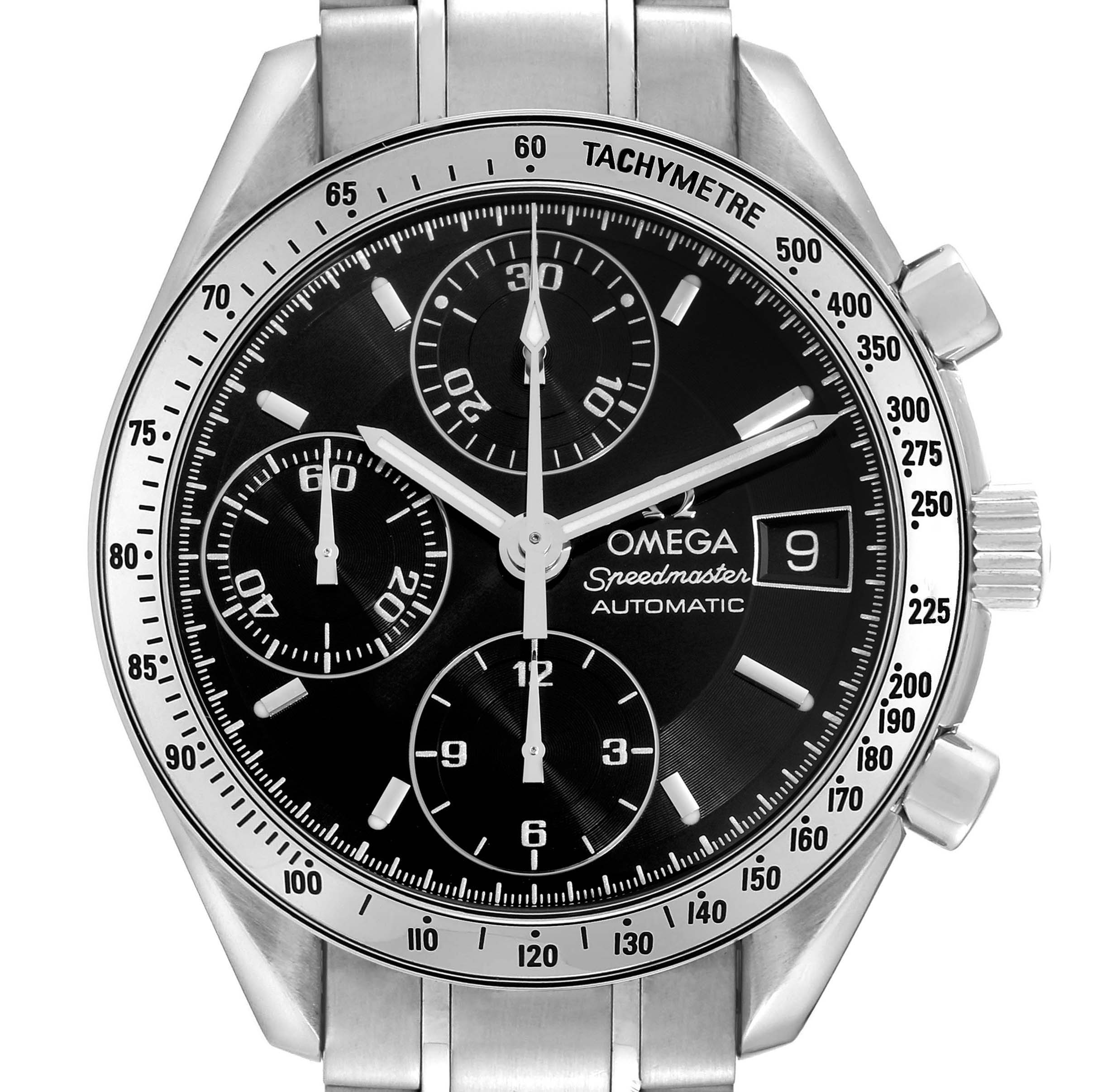 The Omega Speedmaster 3513.50.00 Men
s Stainless Steel Black Dial 3513.50.00 Men
s Stainless Steel Black Dial watch is shown from the front, displaying the dial, tachymetre, chronograph sub-dials, date window, and part of the bracelet.