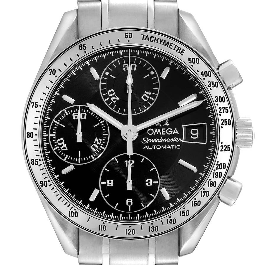 The Omega Speedmaster watch is shown from the front, displaying the dial, tachymetre, chronograph sub-dials, date window, and part of the bracelet.