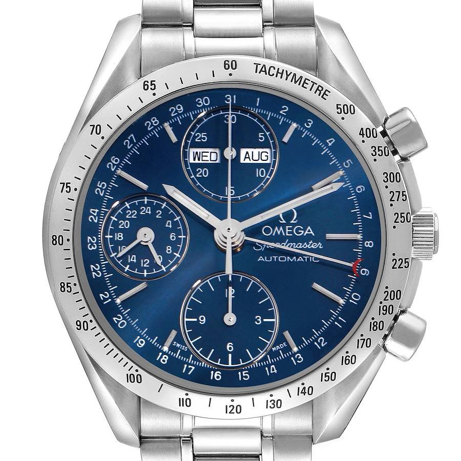 The Omega Speedmaster watch is shown from the front, highlighting its blue dial, chronograph subdials, and tachymeter bezel.