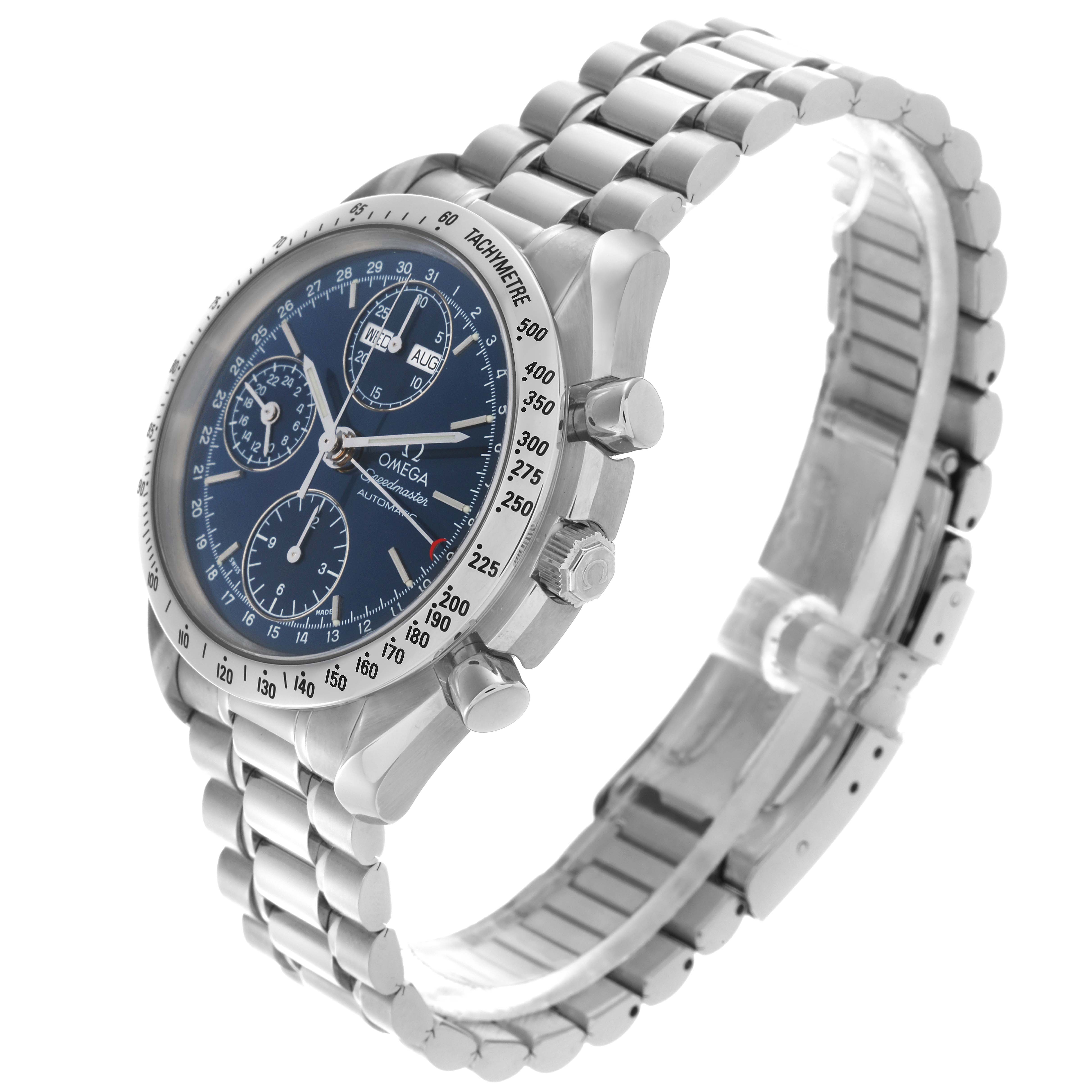 The Omega Speedmaster 3521.80.00 Men
s Stainless Steel Blue Dial 3521.80.00 Men
s Stainless Steel Blue Dial watch is shown at a three-quarter angle, highlighting the case, dial, bezel, and metal bracelet.