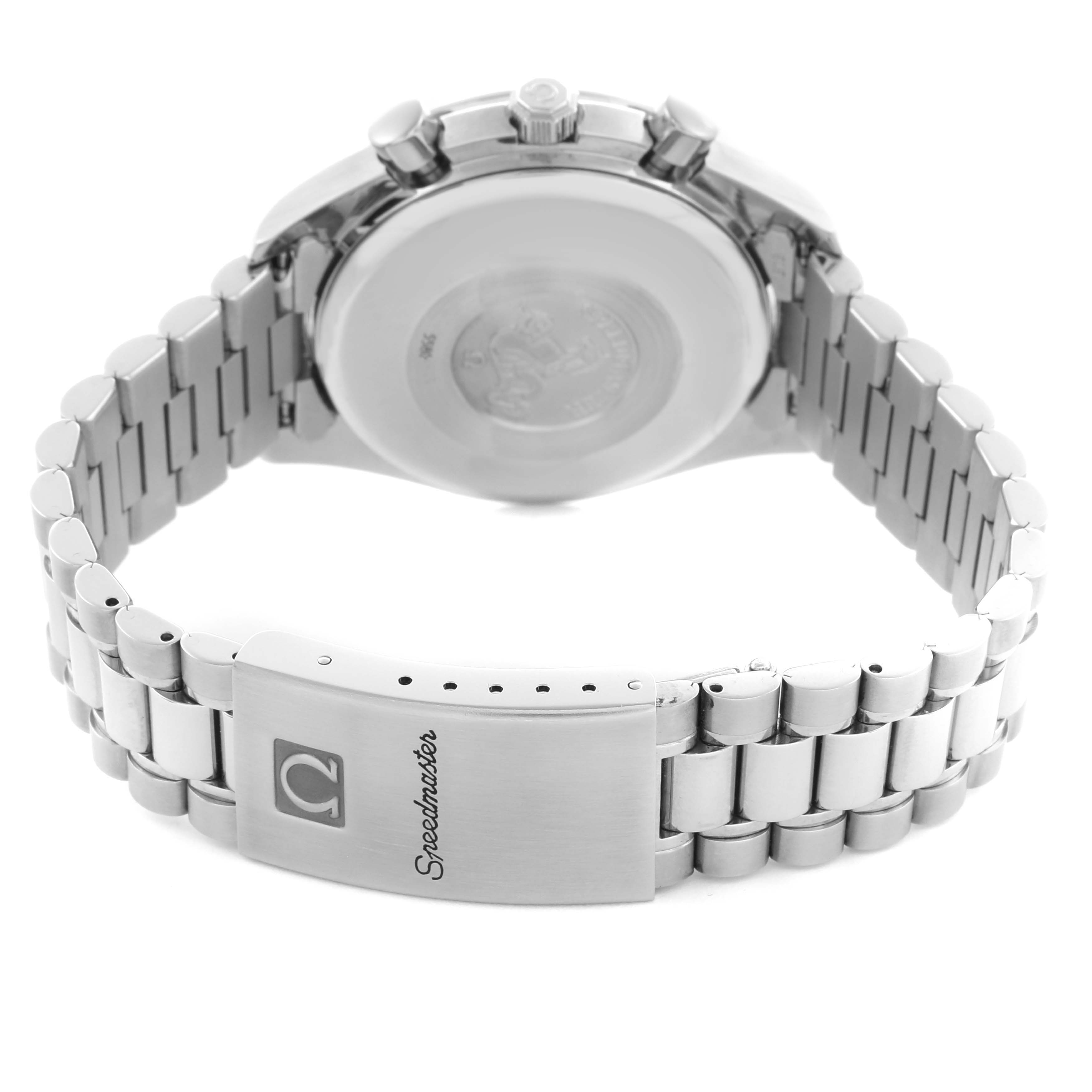 The Omega Speedmaster 3521.80.00 Men
s Stainless Steel Blue Dial 3521.80.00 Men
s Stainless Steel Blue Dial watch is shown from the back, highlighting the case back, bracelet, and clasp with branding.