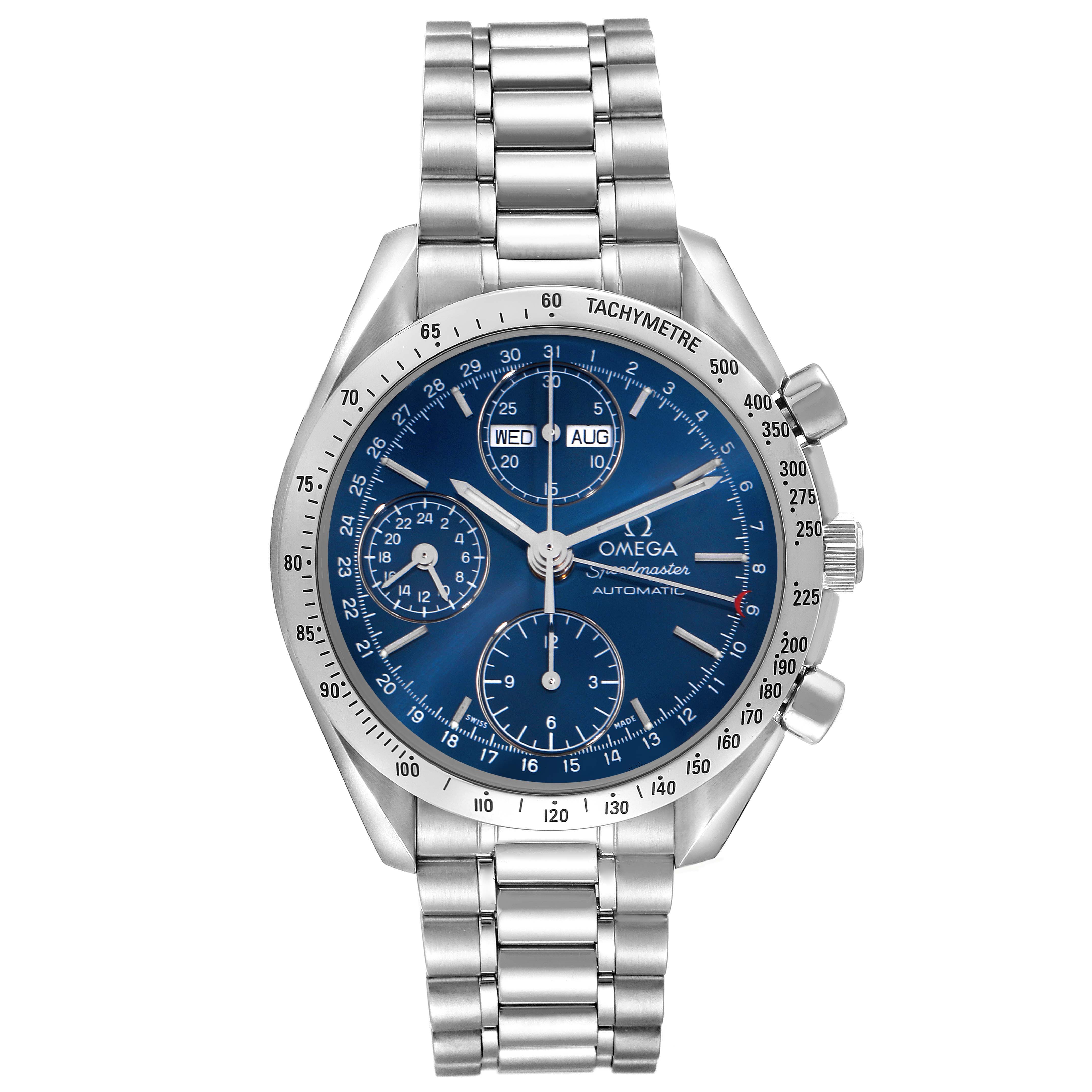 The Omega Speedmaster 3521.80.00 Men
s Stainless Steel Blue Dial 3521.80.00 Men
s Stainless Steel Blue Dial watch is shown from the front, displaying the dial, tachymeter bezel, and steel bracelet.