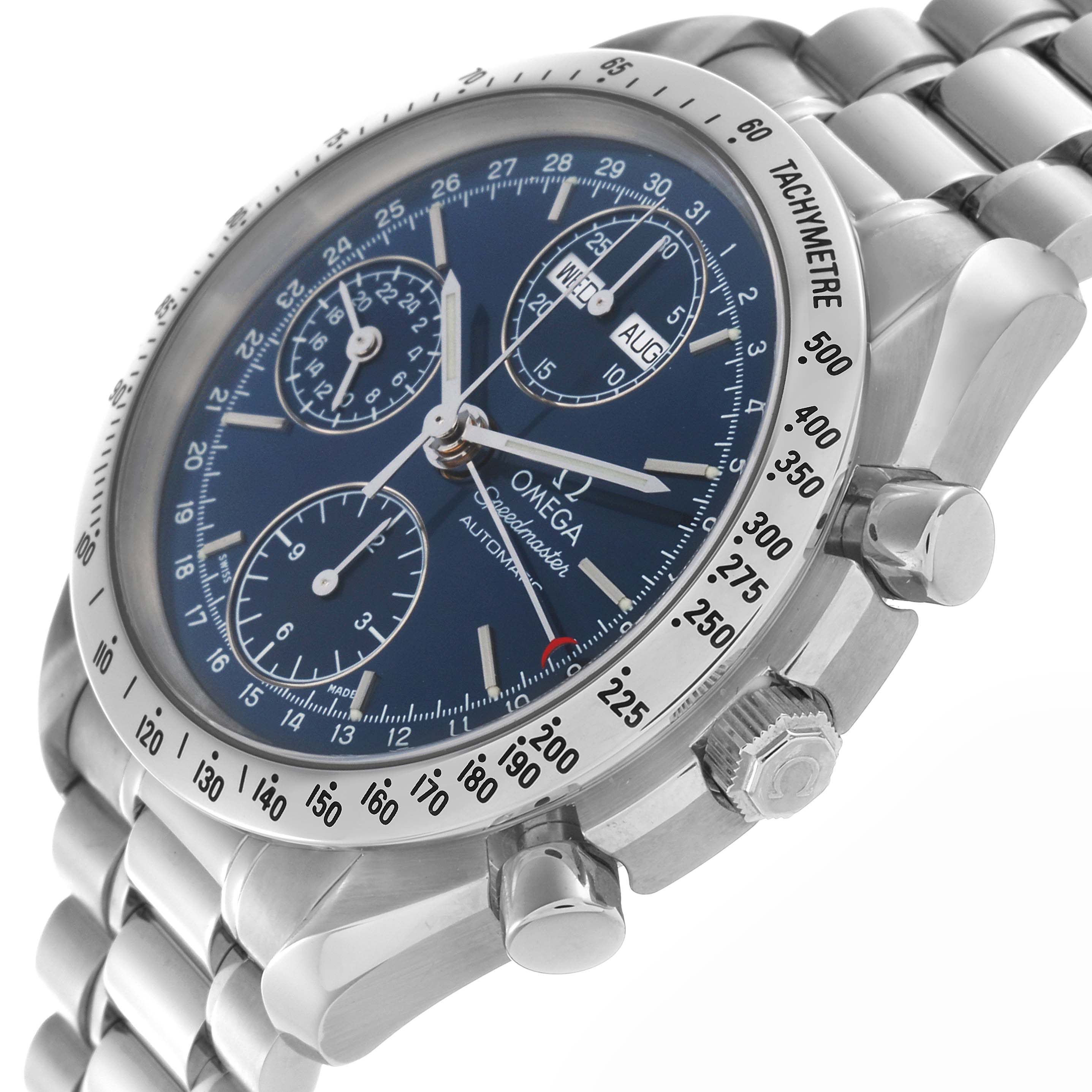 The Omega Speedmaster 3521.80.00 Men
s Stainless Steel Blue Dial 3521.80.00 Men
s Stainless Steel Blue Dial watch is shown at an angled side view, highlighting the dial, bezel, pushers, and crown.