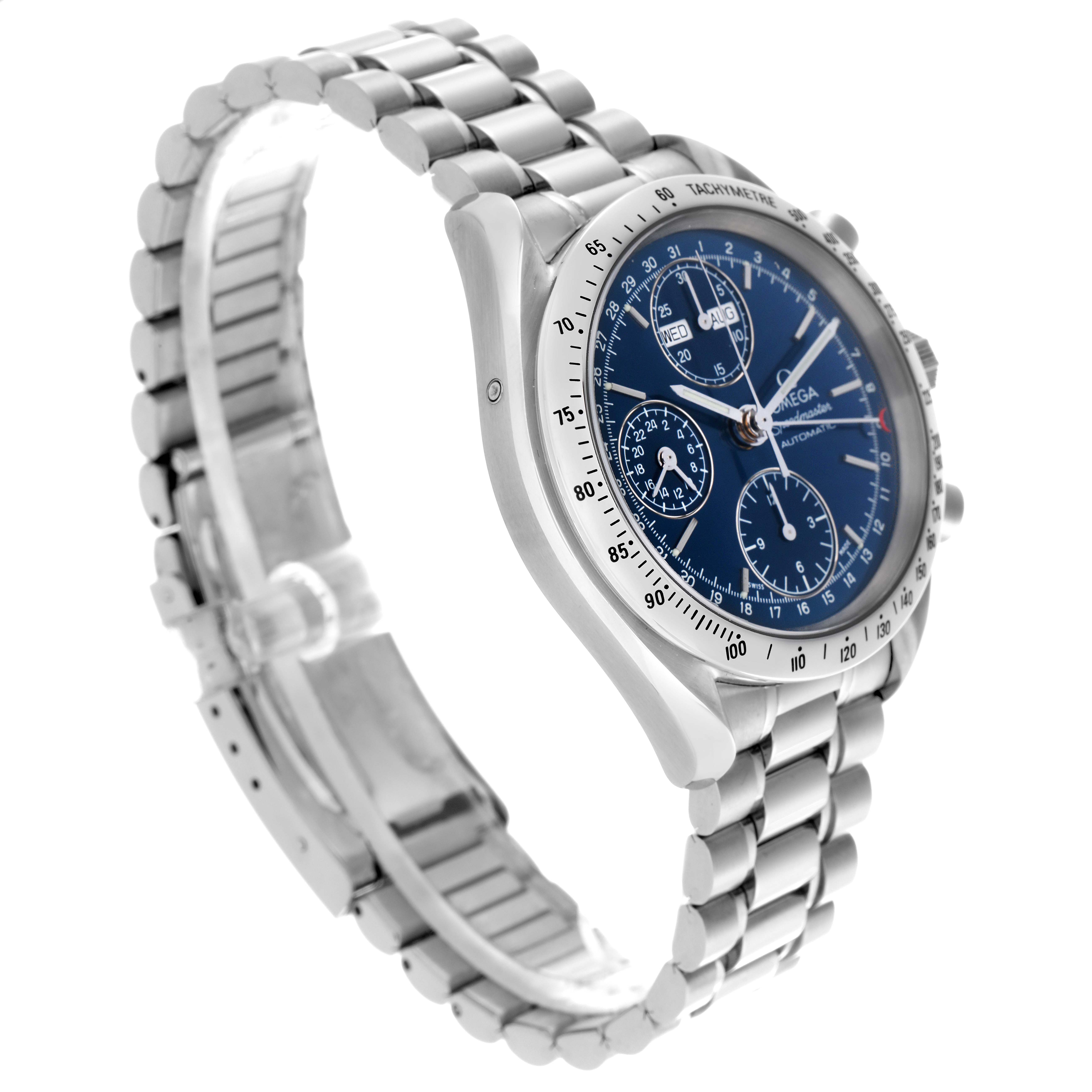 The Omega Speedmaster 3521.80.00 Men
s Stainless Steel Blue Dial 3521.80.00 Men
s Stainless Steel Blue Dial watch is shown at a three-quarter angle, displaying the face, bezel, and stainless steel bracelet.