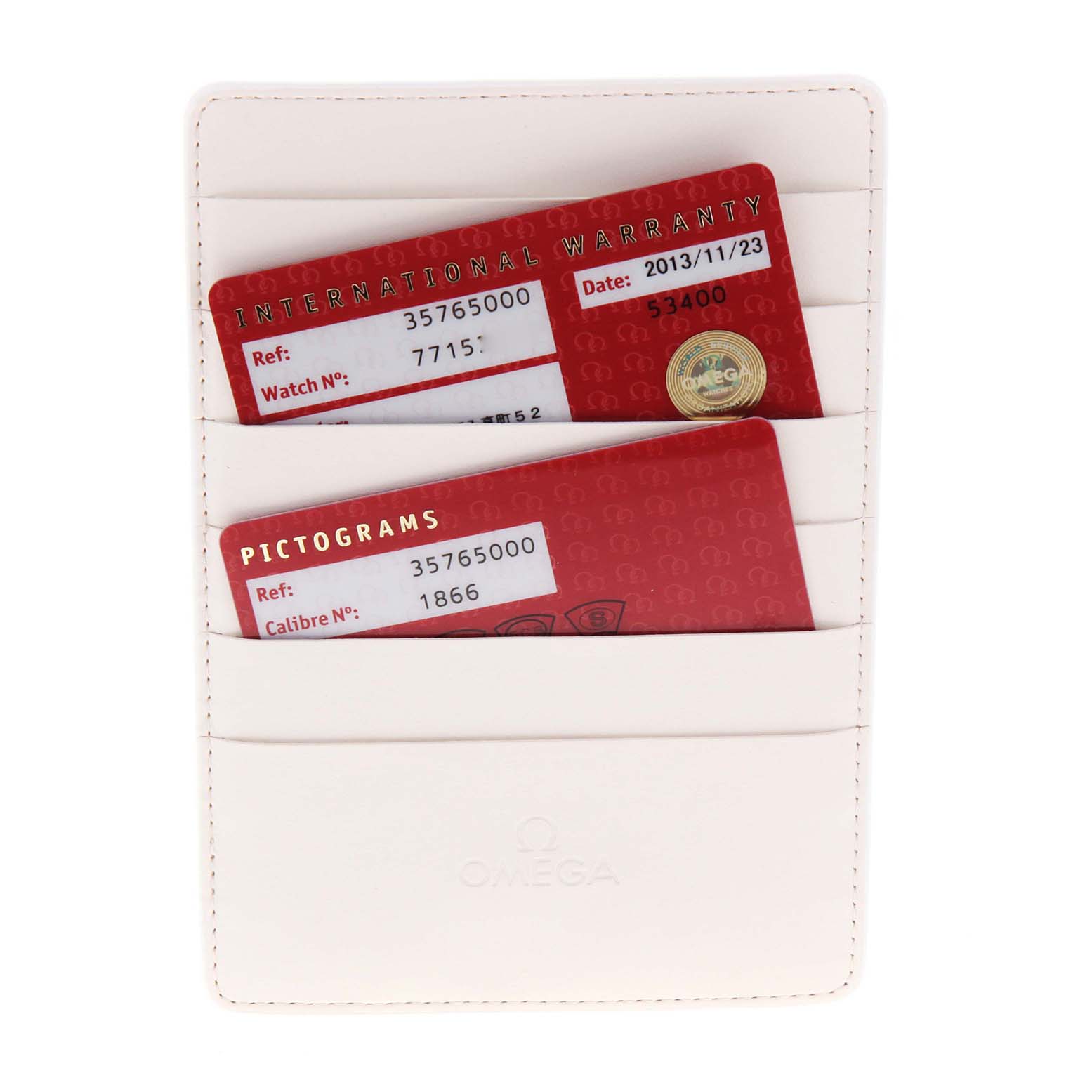 The image shows the warranty and pictogram cards for the Omega Speedmaster 3576.50.00 Men
s Stainless Steel Black Dial 3576.50.00 Men
s Stainless Steel Black Dial, displayed in a white cardholder.