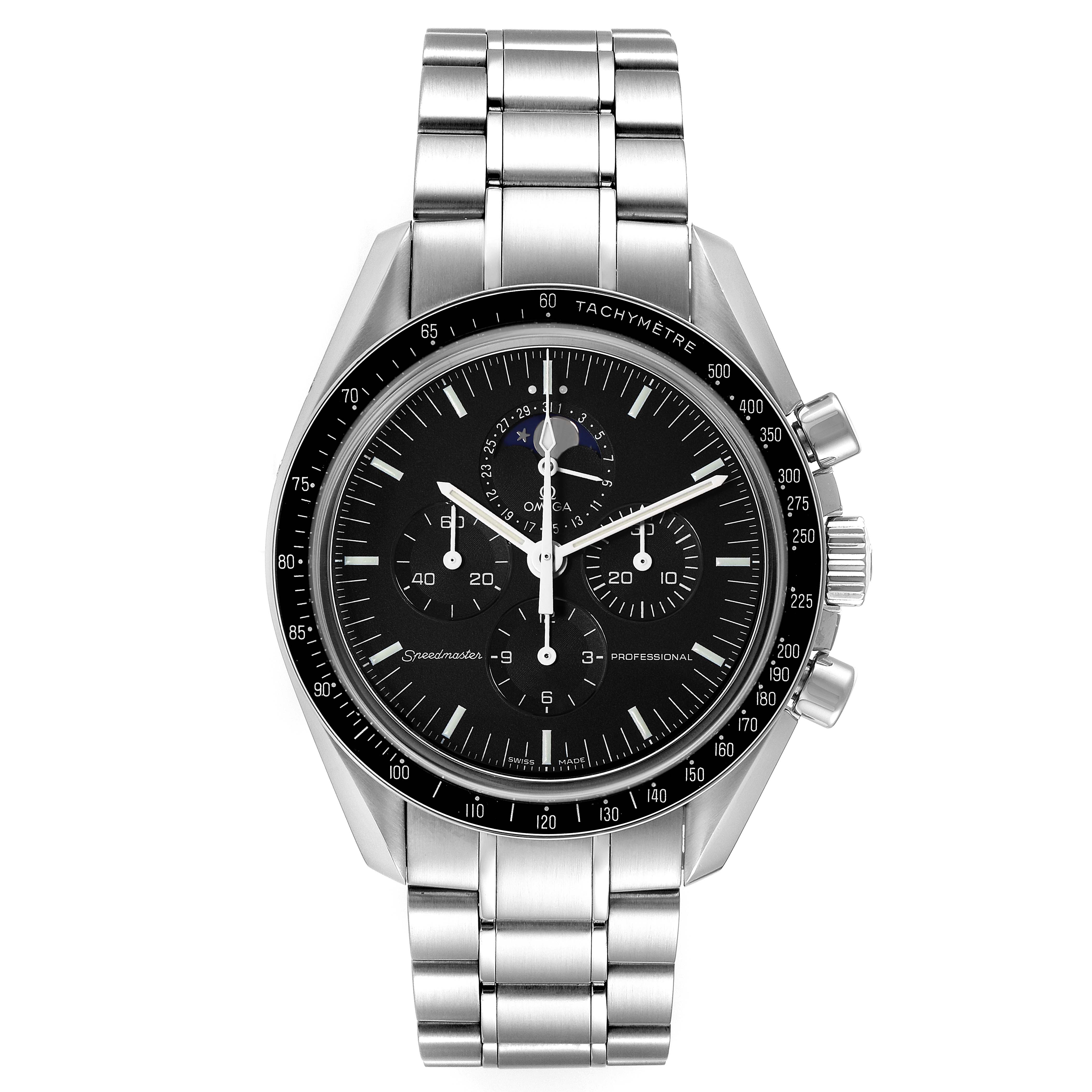 The image shows a front view of an Omega Speedmaster 3576.50.00 Men
s Stainless Steel Black Dial 3576.50.00 Men
s Stainless Steel Black Dial watch, highlighting its black dial, tachymeter bezel, and metal bracelet.