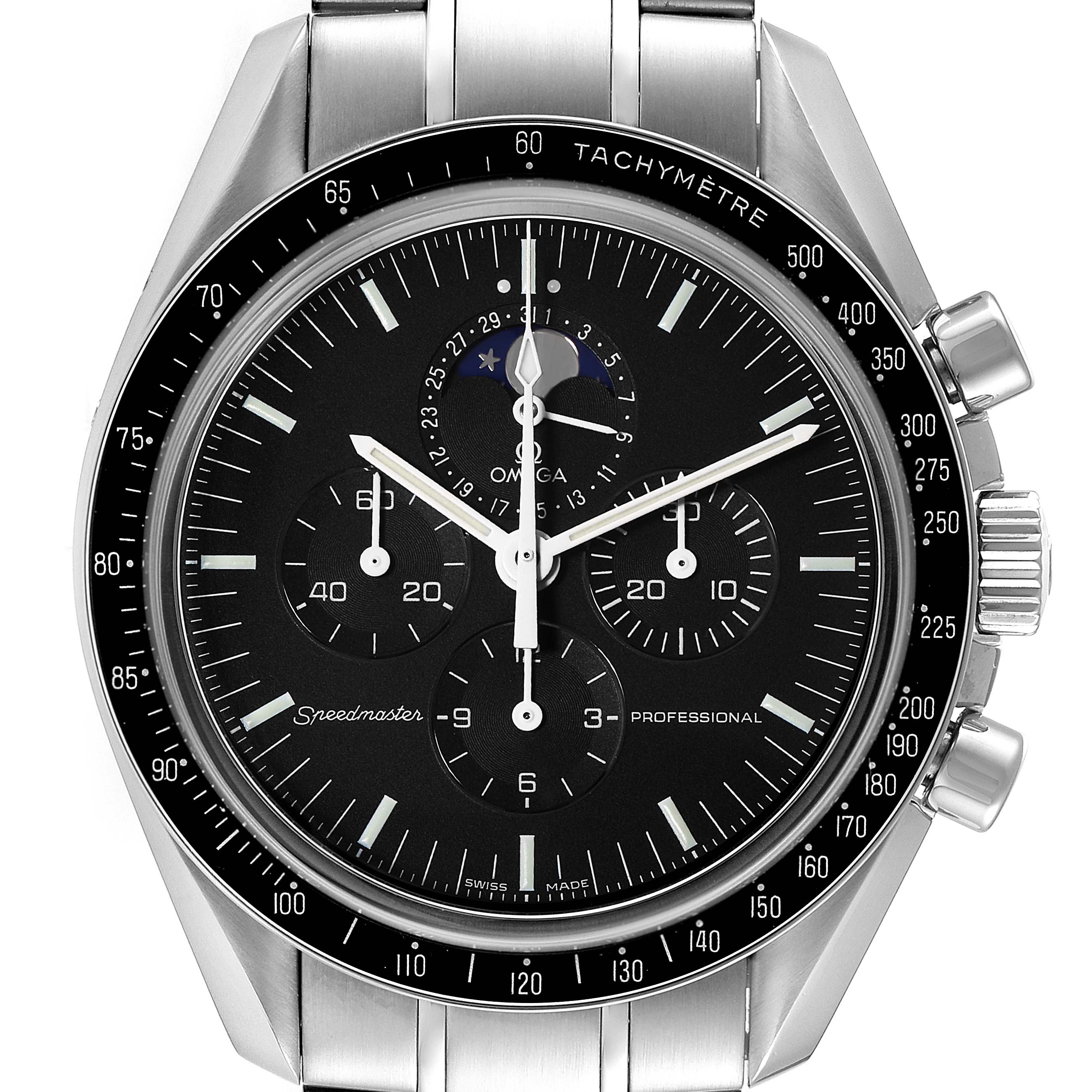 This image shows a front, close-up view of the Omega Speedmaster 3576.50.00 Men
s Stainless Steel Black Dial 3576.50.00 Men
s Stainless Steel Black Dial watch, highlighting the dial, subdials, and tachymeter bezel.