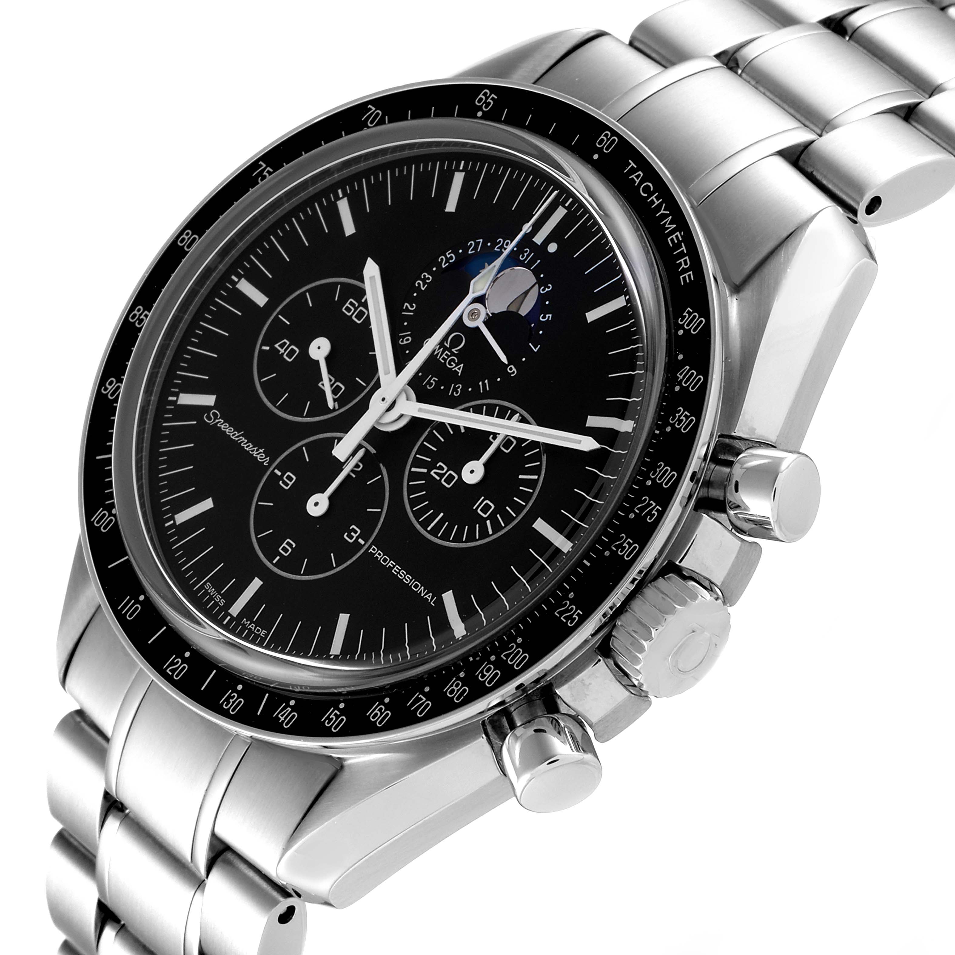 The image showcases an Omega Speedmaster 3576.50.00 Men
s Stainless Steel Black Dial 3576.50.00 Men
s Stainless Steel Black Dial watch at a slight angle, focusing on its face, chronographs, bezel, and stainless steel bracelet.