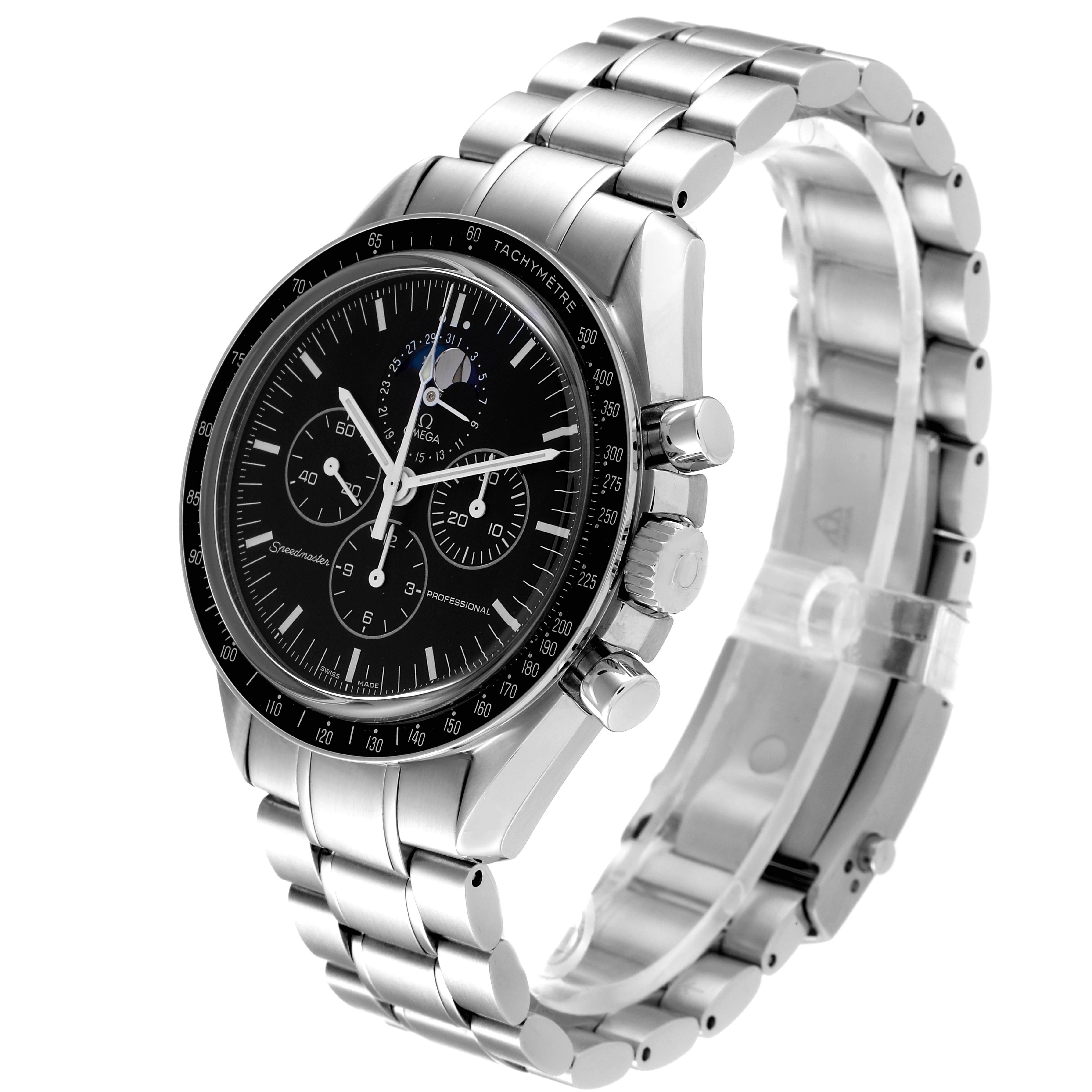 The image shows a front-side angle of the Omega Speedmaster 3576.50.00 Men
s Stainless Steel Black Dial 3576.50.00 Men
s Stainless Steel Black Dial watch, displaying its dial, tachymeter bezel, and metal bracelet.