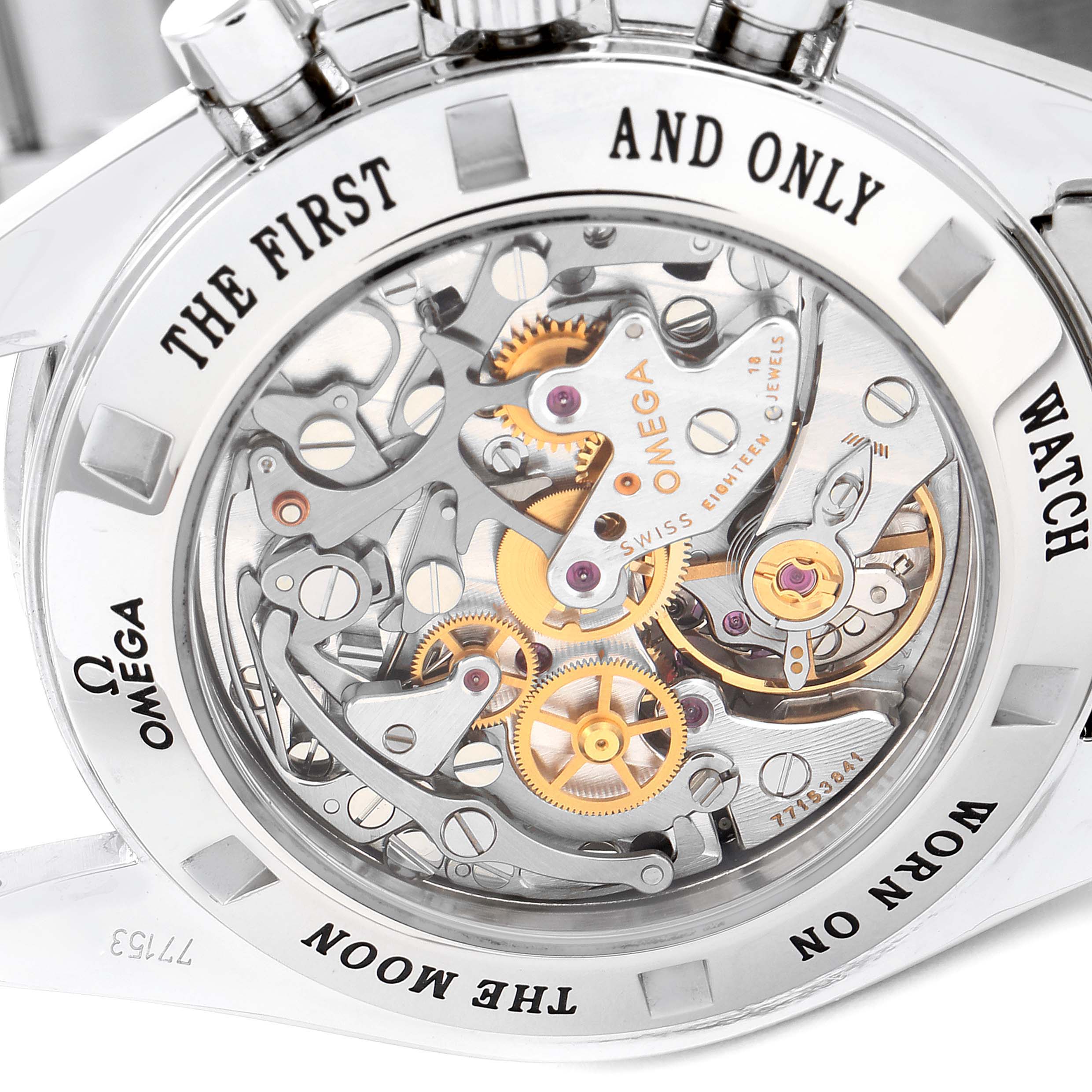 The image shows the case back of an Omega Speedmaster 3576.50.00 Men
s Stainless Steel Black Dial 3576.50.00 Men
s Stainless Steel Black Dial watch, highlighting its intricate mechanical movement.