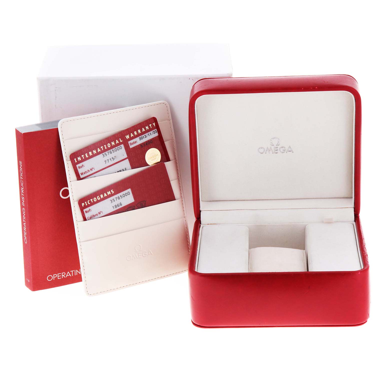 The image shows the Omega Speedmaster 3576.50.00 Men
s Stainless Steel Black Dial 3576.50.00 Men
s Stainless Steel Black Dial watch accessories including a red case, warranty cards, and an operating instructions booklet.