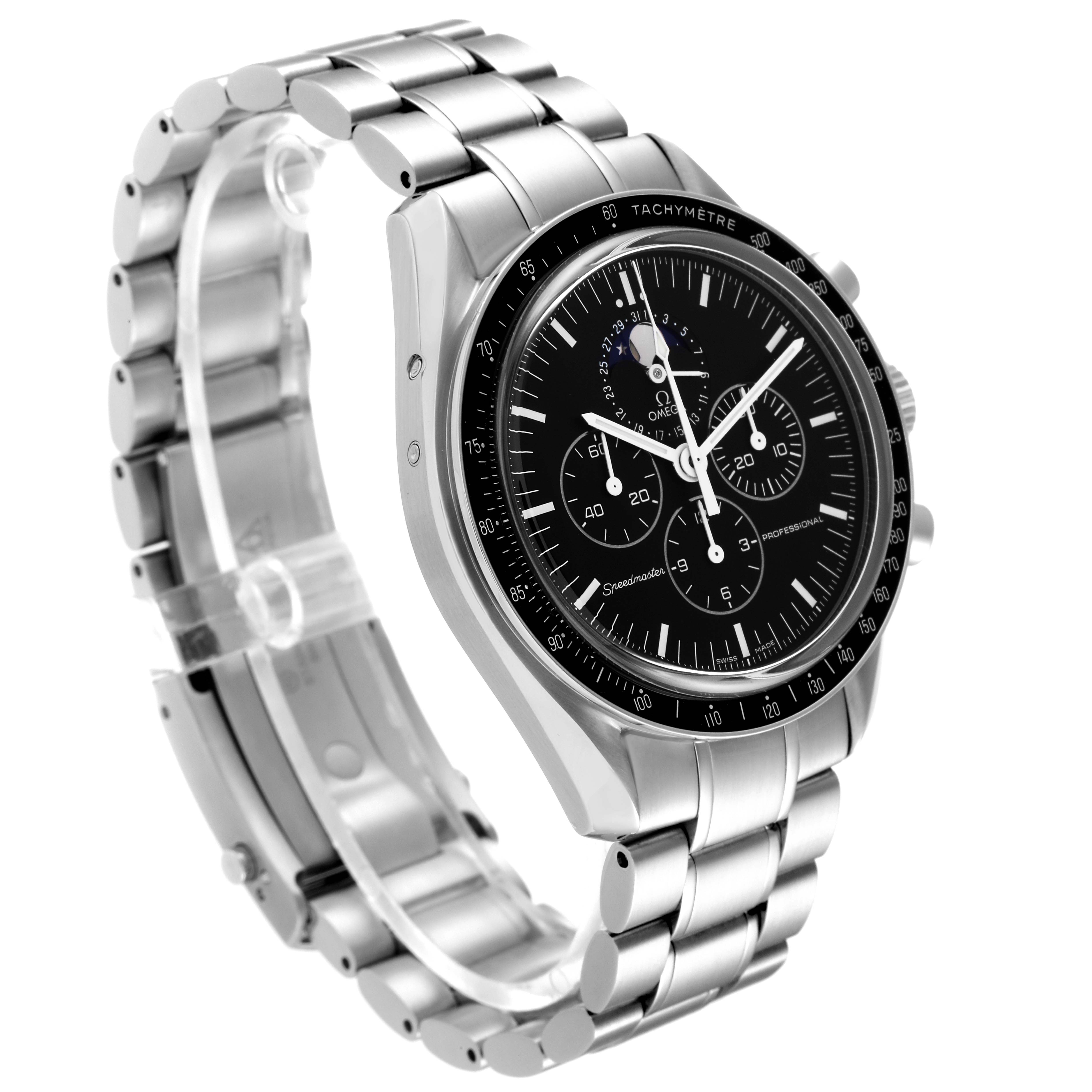 The image shows an Omega Speedmaster 3576.50.00 Men
s Stainless Steel Black Dial 3576.50.00 Men
s Stainless Steel Black Dial watch at a 3/4 angle, highlighting the dial, bezel, and stainless steel bracelet.