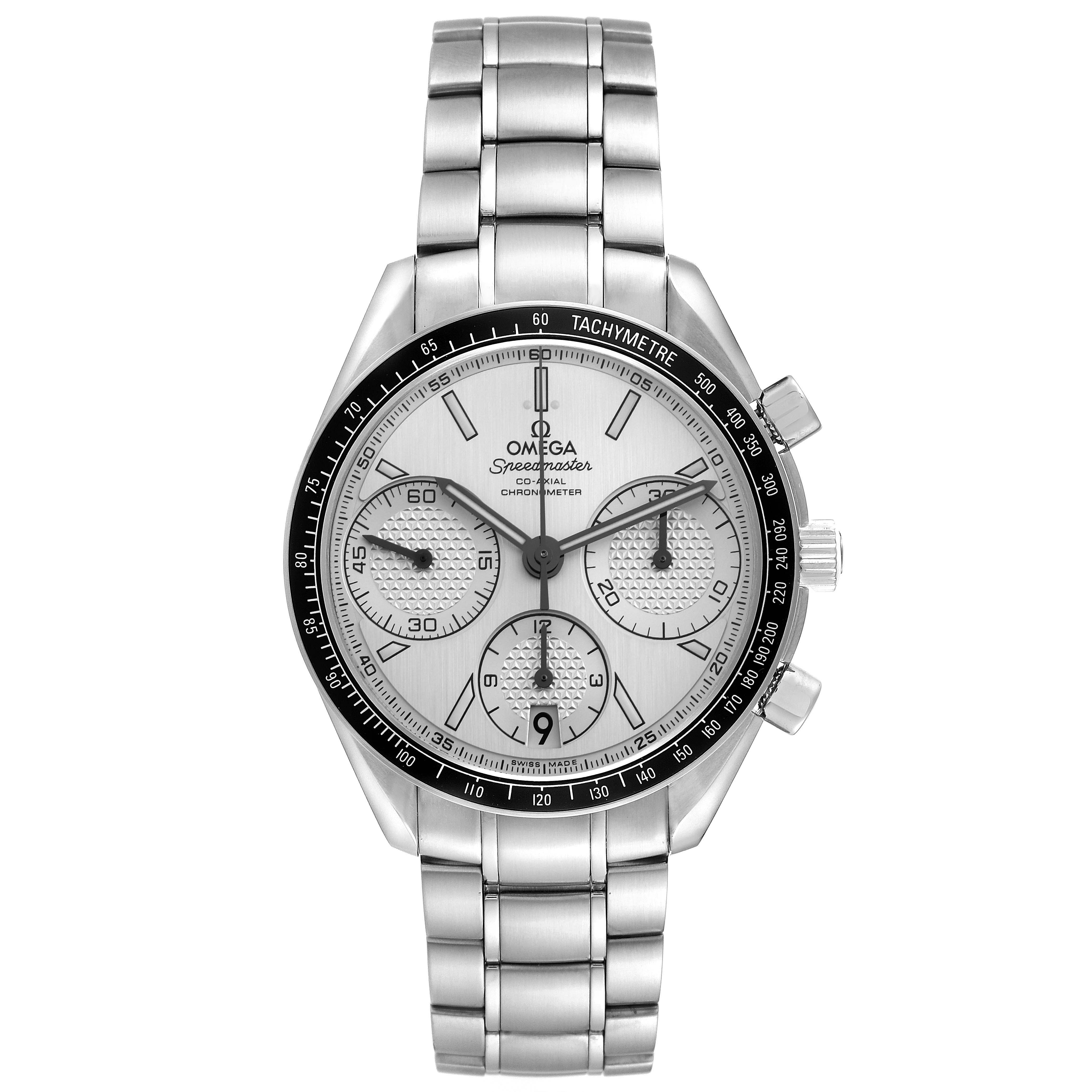 The Omega Speedmaster 326.30.40.50.02.001 Men
s Stainless Steel Silver Dial 326.30.40.50.02.001 Men
s Stainless Steel Silver Dial watch is shown from the front, highlighting its dial, bezel, subdials, and bracelet.