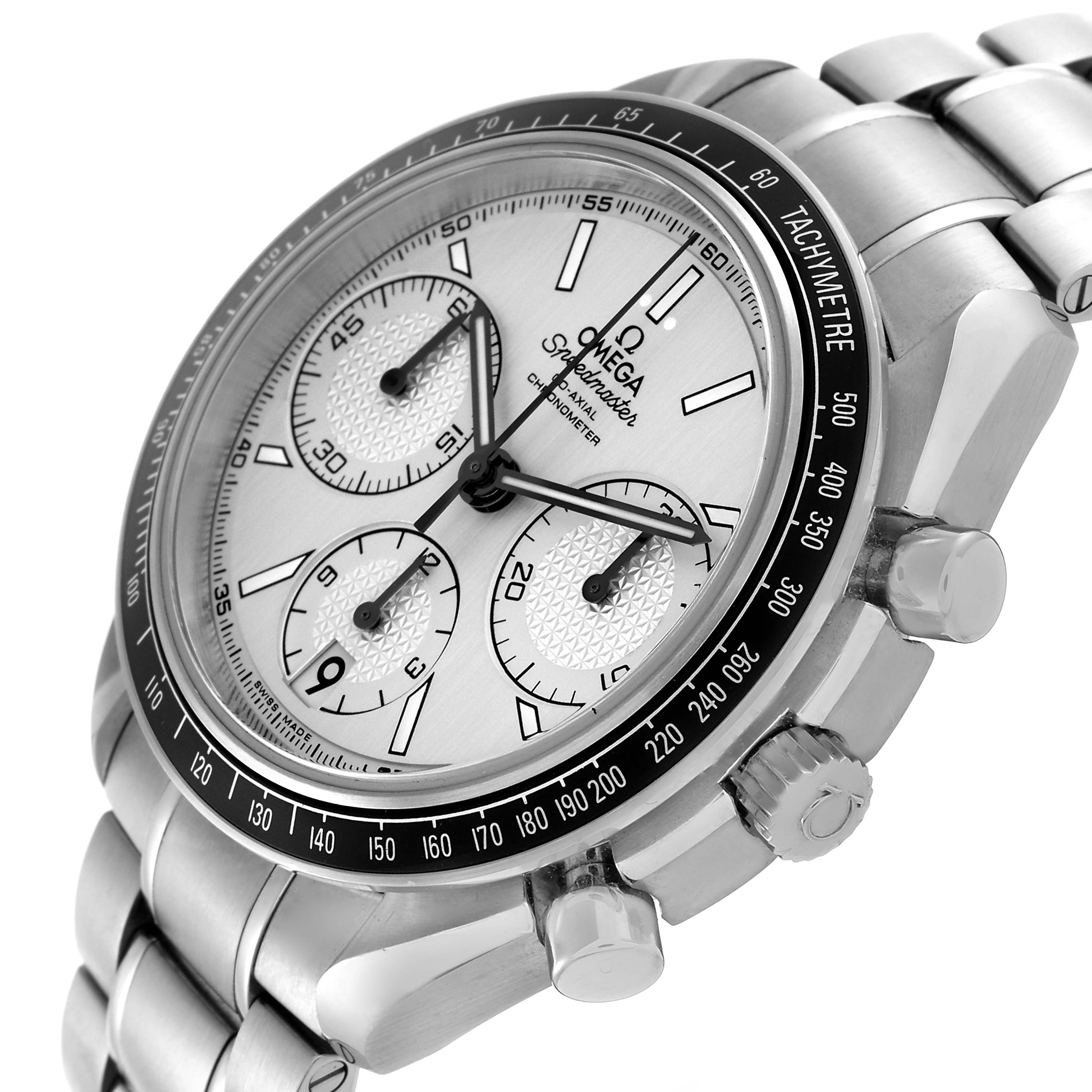 The Omega Speedmaster 326.30.40.50.02.001 Men
s Stainless Steel Silver Dial 326.30.40.50.02.001 Men
s Stainless Steel Silver Dial is shown from a three-quarter angle, displaying the dial, bezel, pushers, crown, and part of the bracelet.