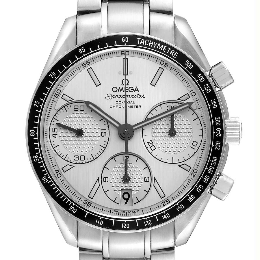 The Omega Speedmaster watch is shown from the front, highlighting its dial, tachymeter bezel, and stainless steel bracelet.