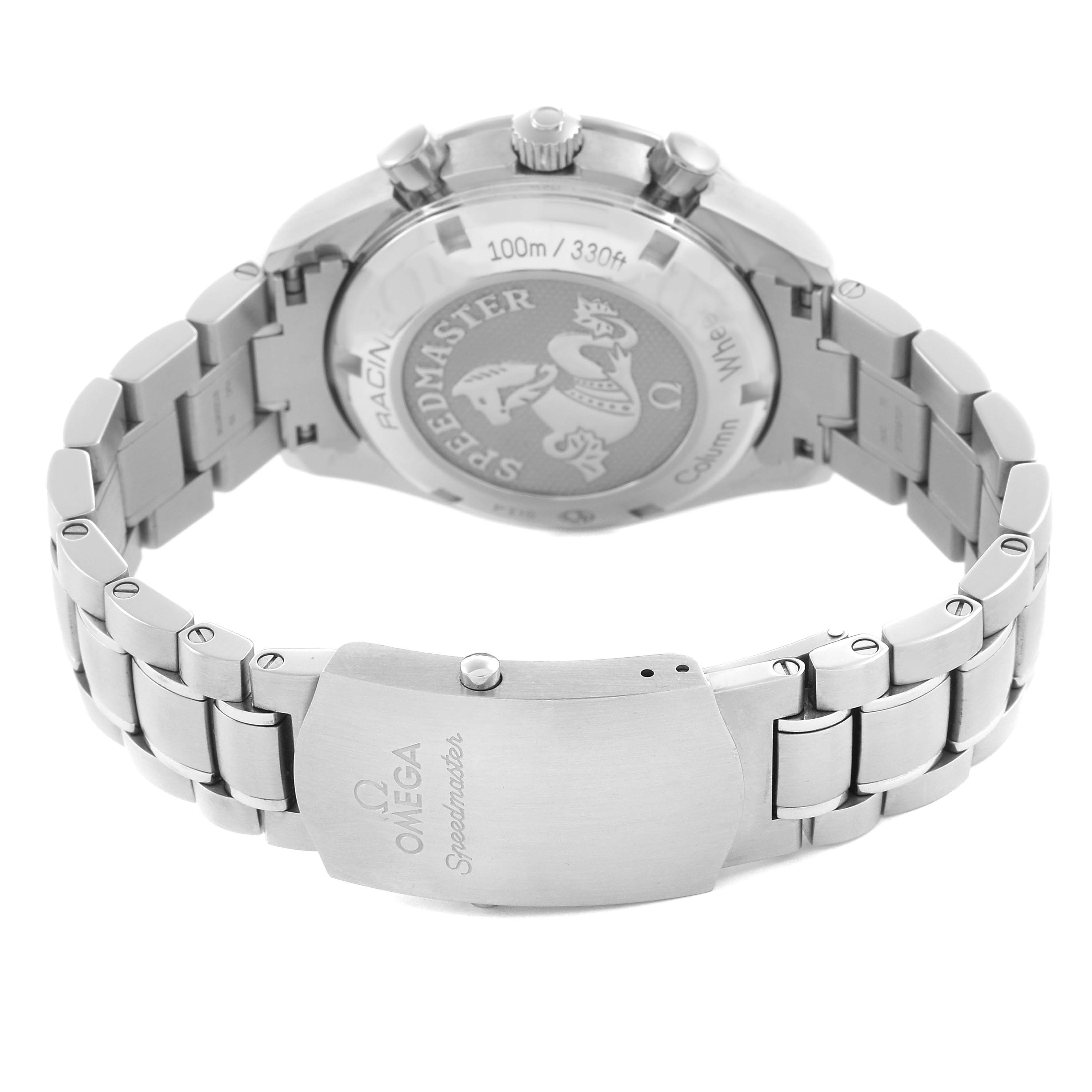 The image shows the Omega Speedmaster 326.30.40.50.02.001 Men
s Stainless Steel Silver Dial 326.30.40.50.02.001 Men
s Stainless Steel Silver Dial watch from the back, highlighting the case back and bracelet with clasp.