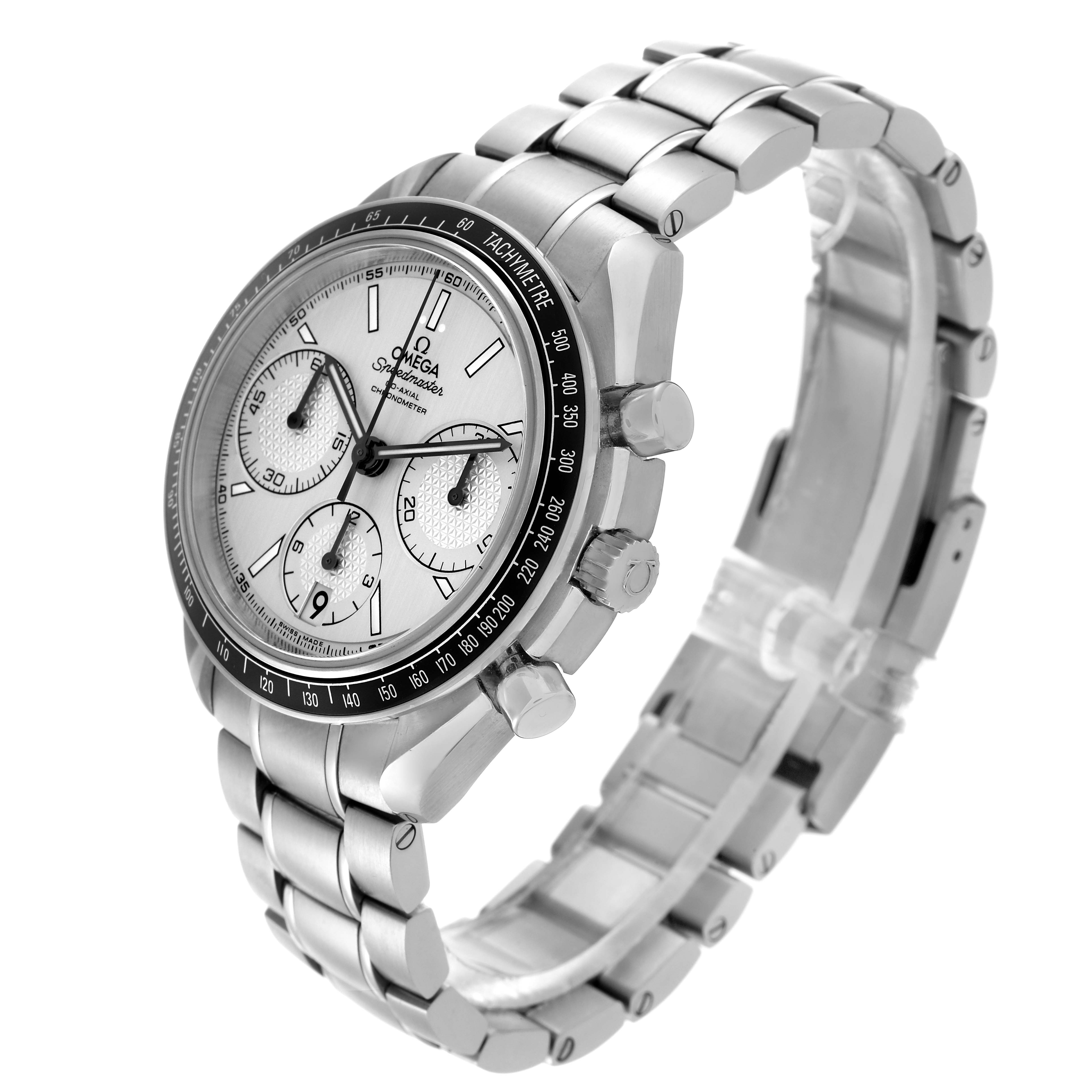 The Omega Speedmaster 326.30.40.50.02.001 Men
s Stainless Steel Silver Dial 326.30.40.50.02.001 Men
s Stainless Steel Silver Dial watch is shown at a three-quarter angle, highlighting the dial, tachymeter bezel, and metal bracelet.