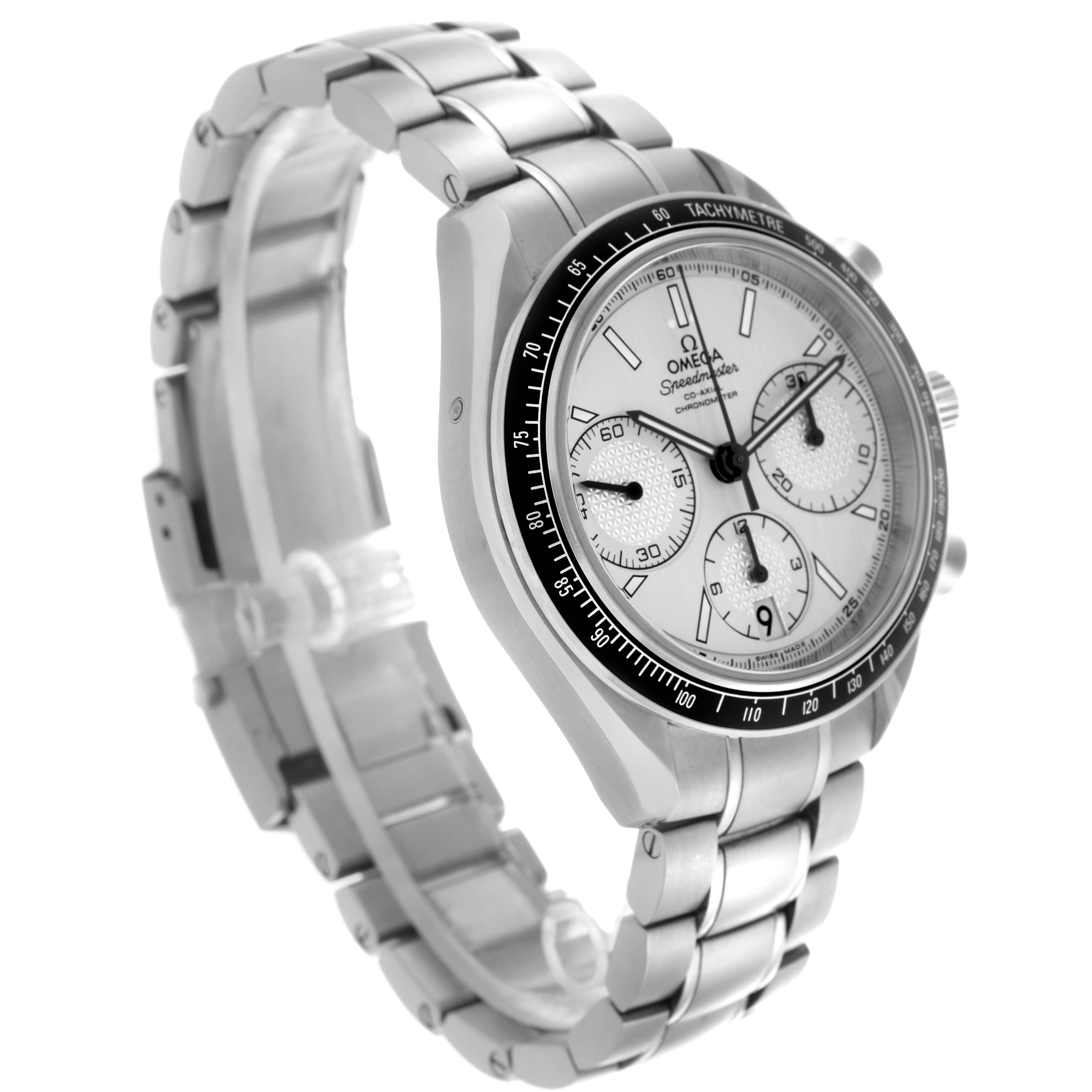 The Omega Speedmaster 326.30.40.50.02.001 Men
s Stainless Steel Silver Dial 326.30.40.50.02.001 Men
s Stainless Steel Silver Dial watch is shown at a three-quarter angle, highlighting the bracelet, dial, bezel, and chronograph sub-dials.