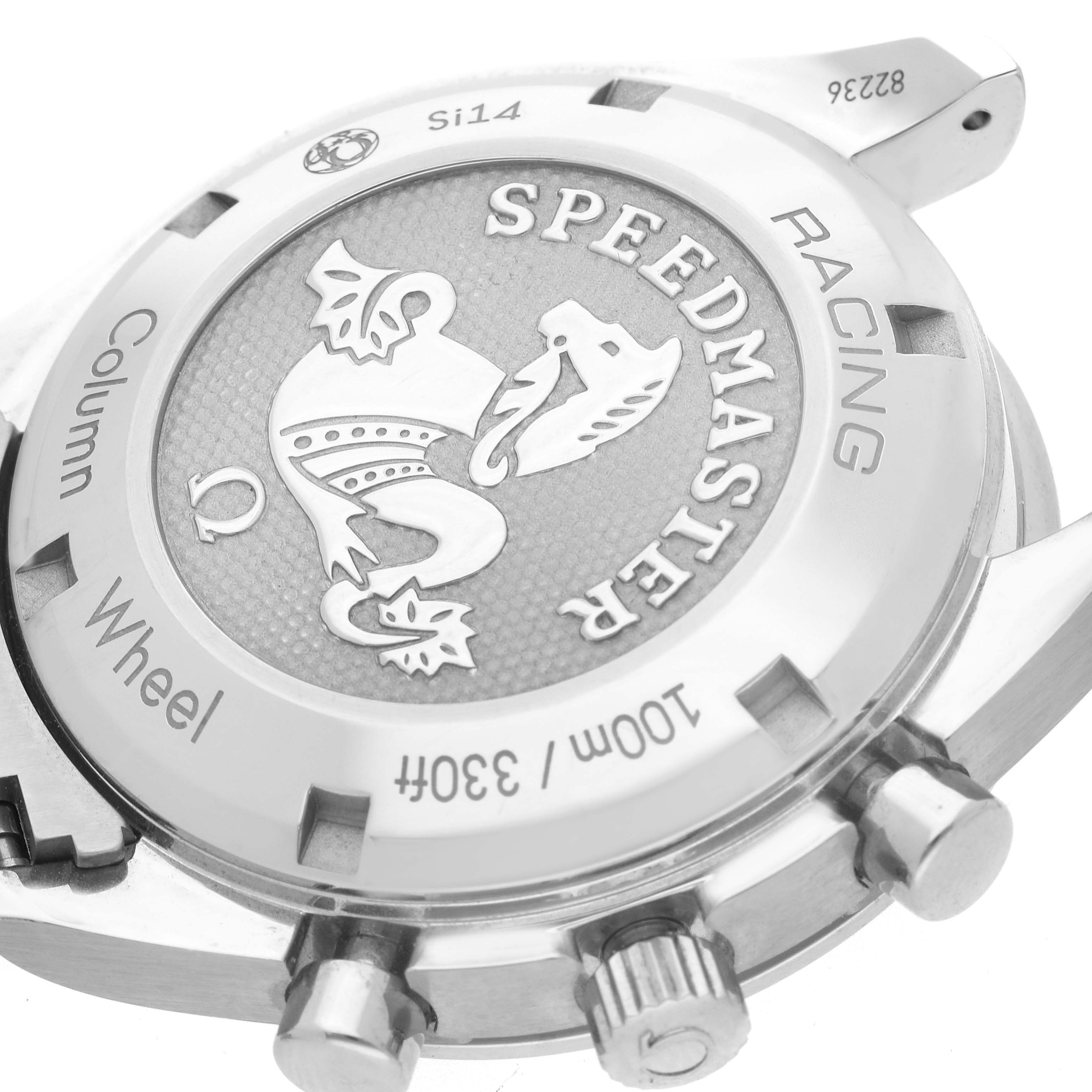 The image shows the Omega Speedmaster 326.30.40.50.02.001 Men
s Stainless Steel Silver Dial 326.30.40.50.02.001 Men
s Stainless Steel Silver Dial
s case back at an oblique angle, highlighting the engravings and detailing.