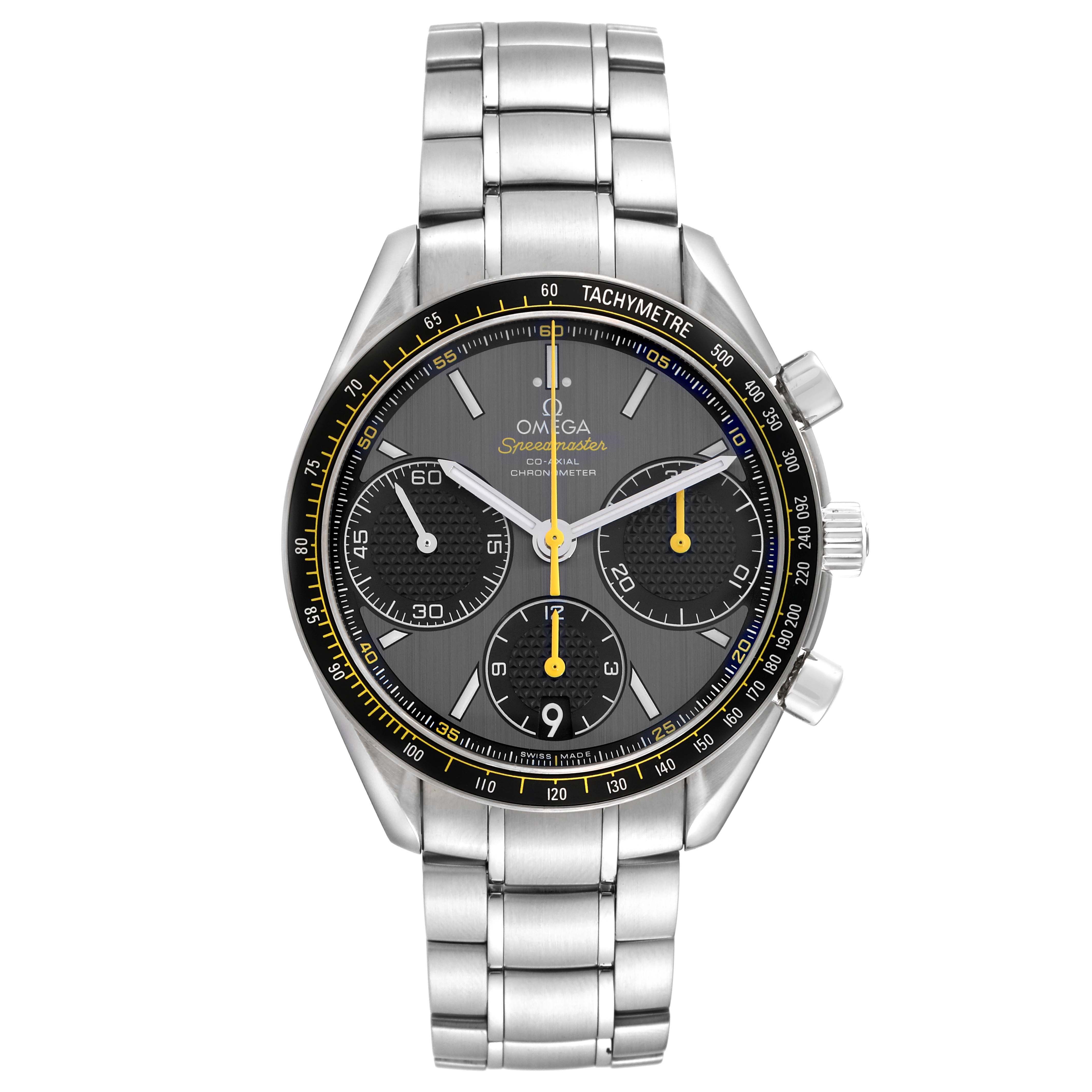 The Omega Speedmaster 326.30.40.50.06.001 Men
s Stainless Steel Grey Dial 326.30.40.50.06.001 Men
s Stainless Steel Grey Dial watch is shown from the front, displaying its face, bezel, and bracelet.
