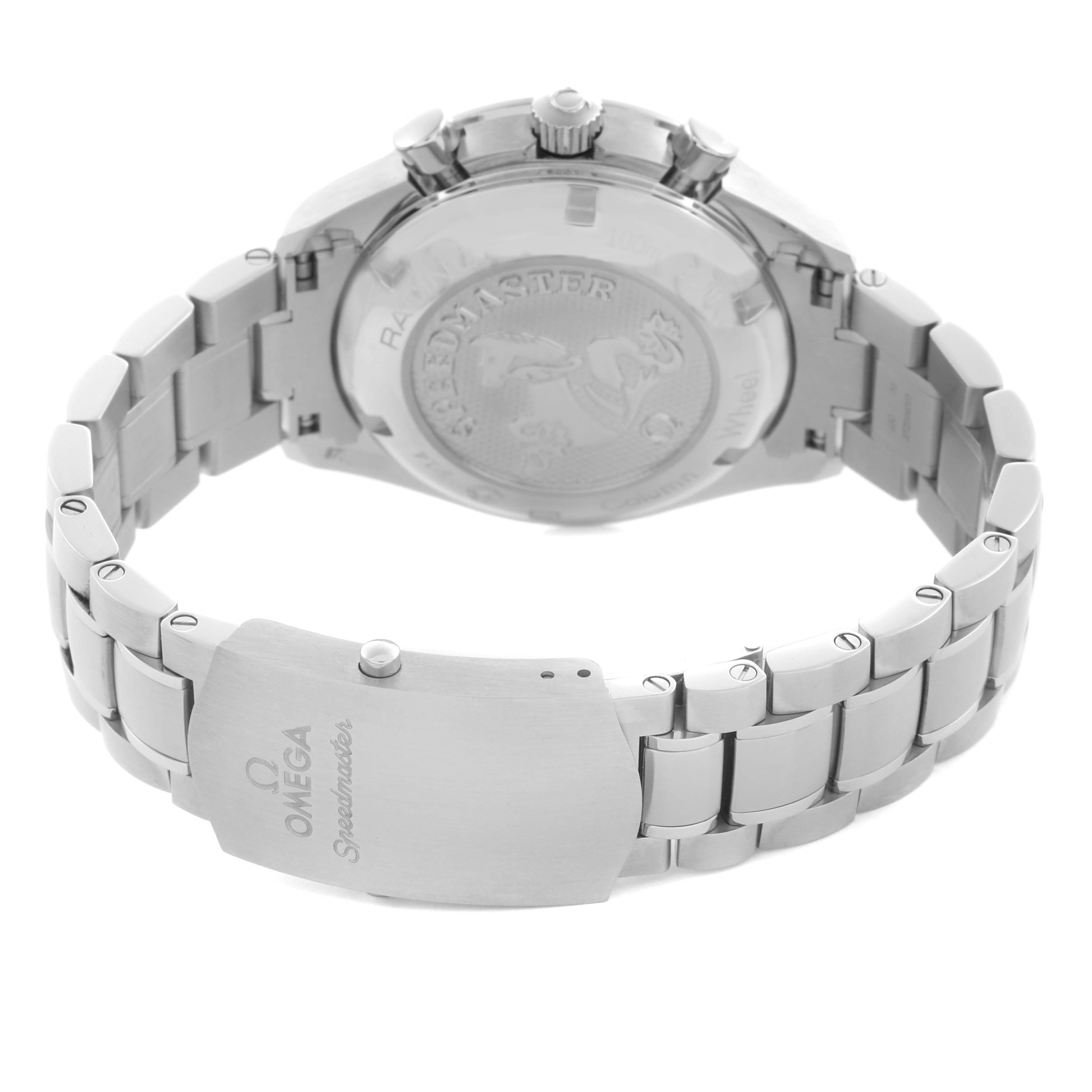 The Omega Speedmaster 326.30.40.50.06.001 Men
s Stainless Steel Grey Dial 326.30.40.50.06.001 Men
s Stainless Steel Grey Dial watch is shown from the back, featuring the case back, pushers, and bracelet with the Omega logo and "Speedmaster" engraved.