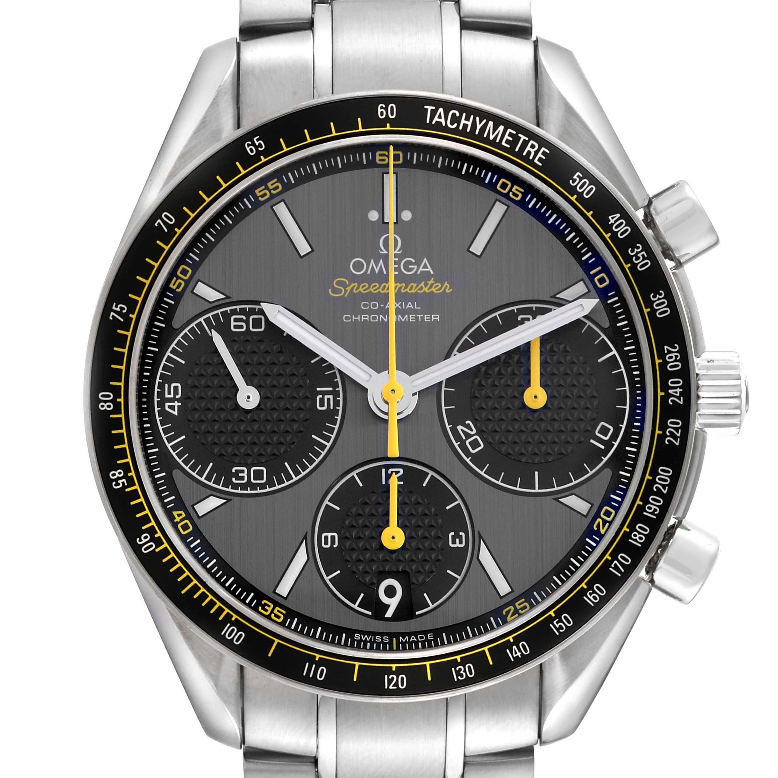 The Omega Speedmaster 326.30.40.50.06.001 Men
s Stainless Steel Grey Dial 326.30.40.50.06.001 Men
s Stainless Steel Grey Dial watch is shown from a front angle, featuring its face, bezel, and part of the bracelet.