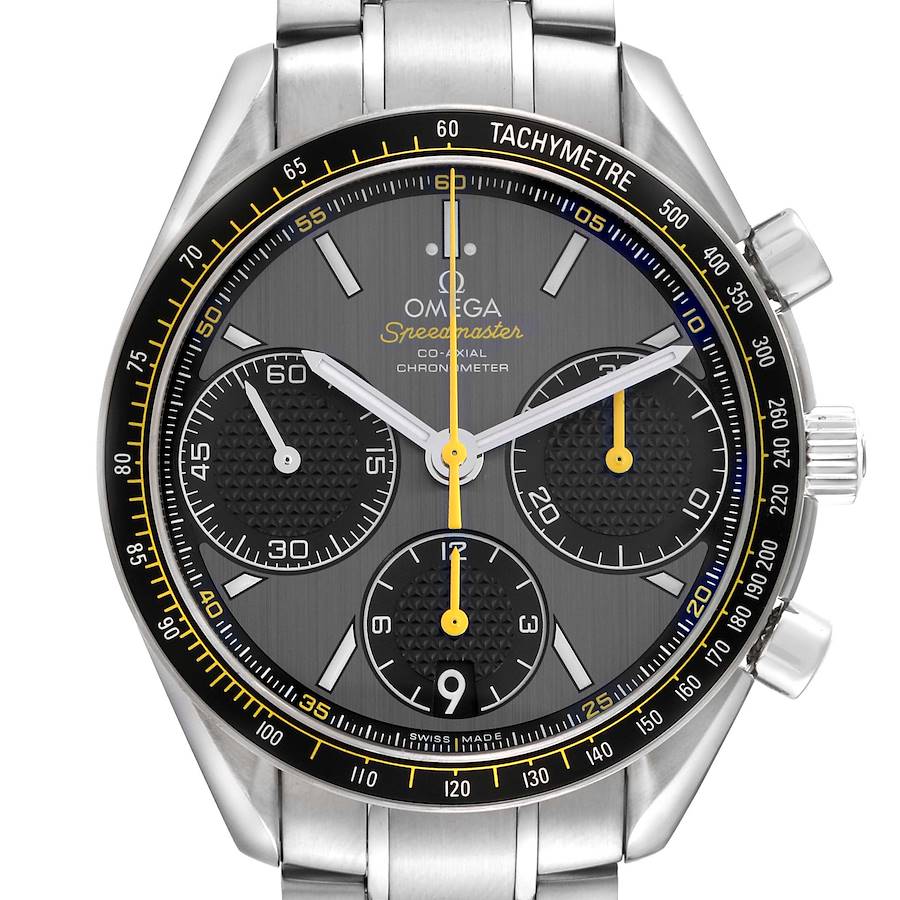 The Omega Speedmaster watch is shown from a front angle, featuring its face, bezel, and part of the bracelet.