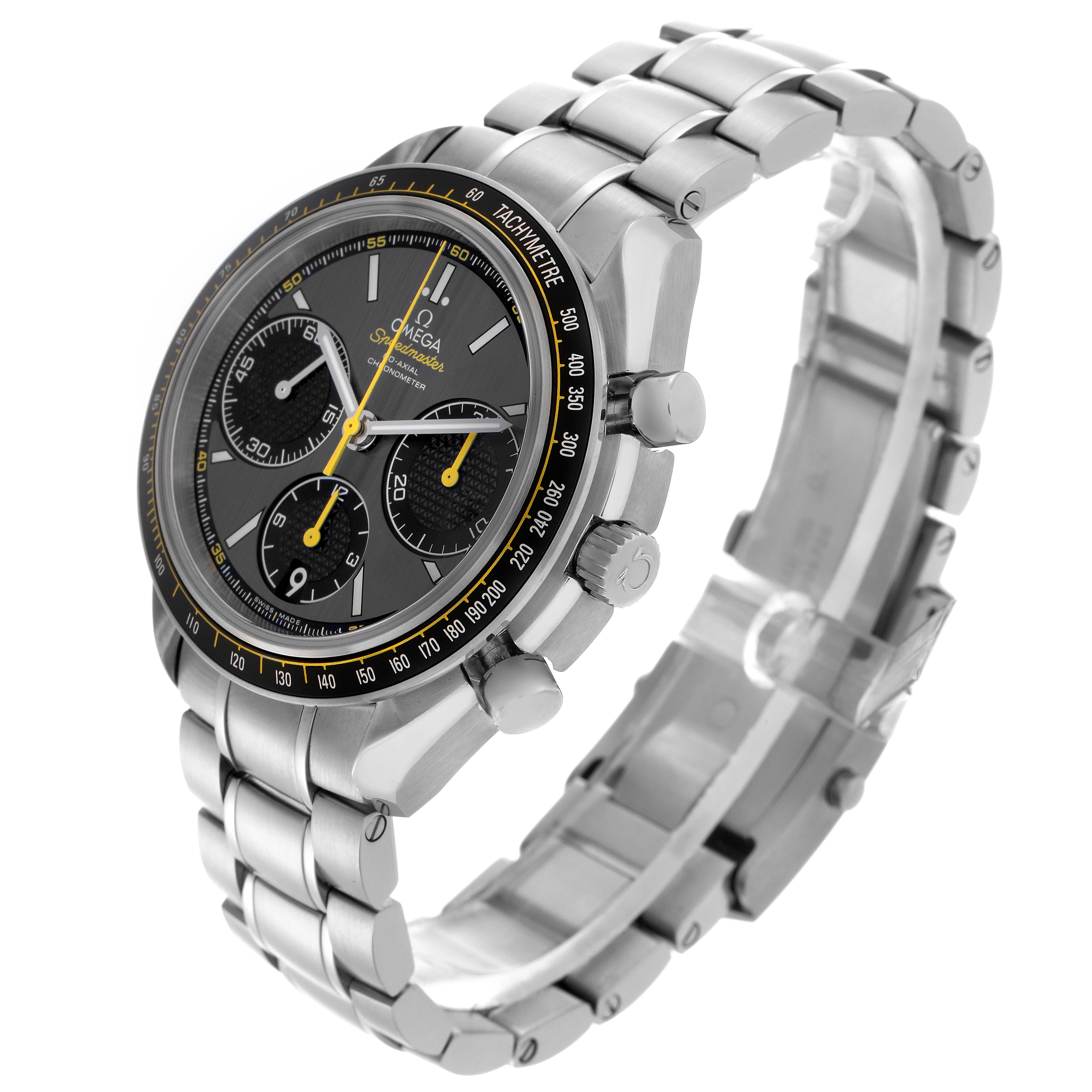 The Omega Speedmaster 326.30.40.50.06.001 Men
s Stainless Steel Grey Dial 326.30.40.50.06.001 Men
s Stainless Steel Grey Dial watch is shown at a three-quarter angle, displaying its face, stainless steel bracelet, and side buttons.