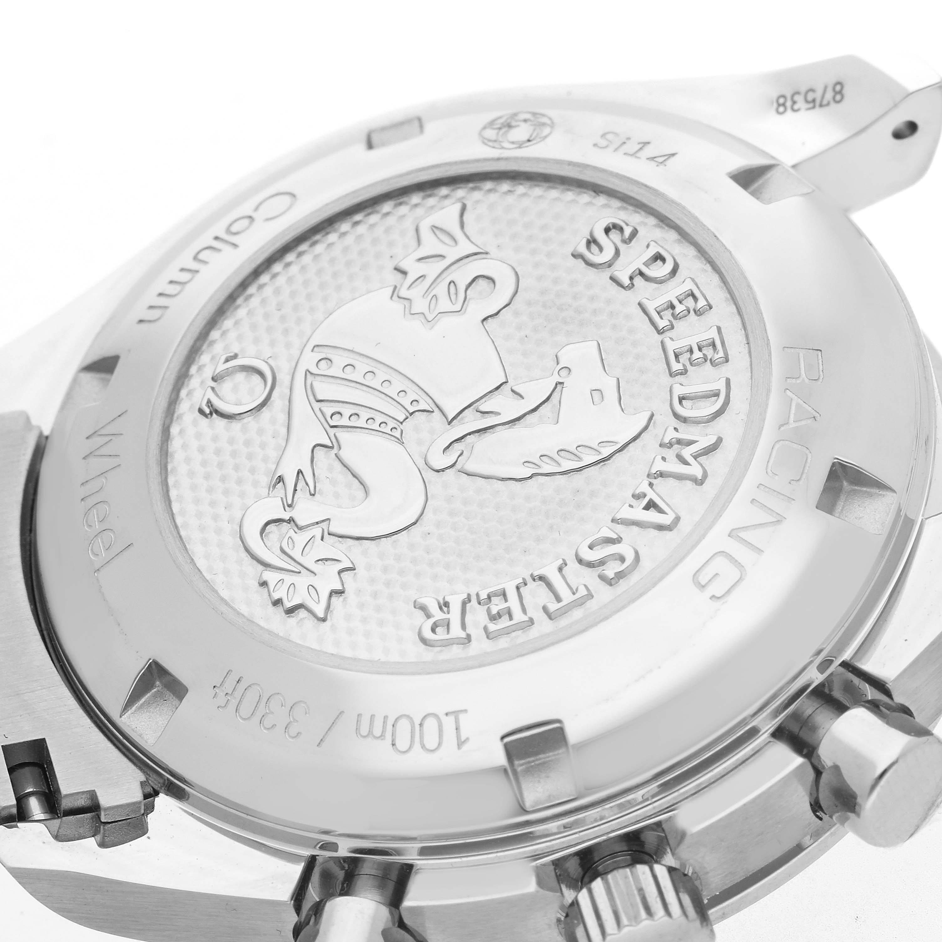 The image shows the case back of the Omega Speedmaster 326.30.40.50.06.001 Men
s Stainless Steel Grey Dial 326.30.40.50.06.001 Men
s Stainless Steel Grey Dial, highlighting the engraved logo and text details.