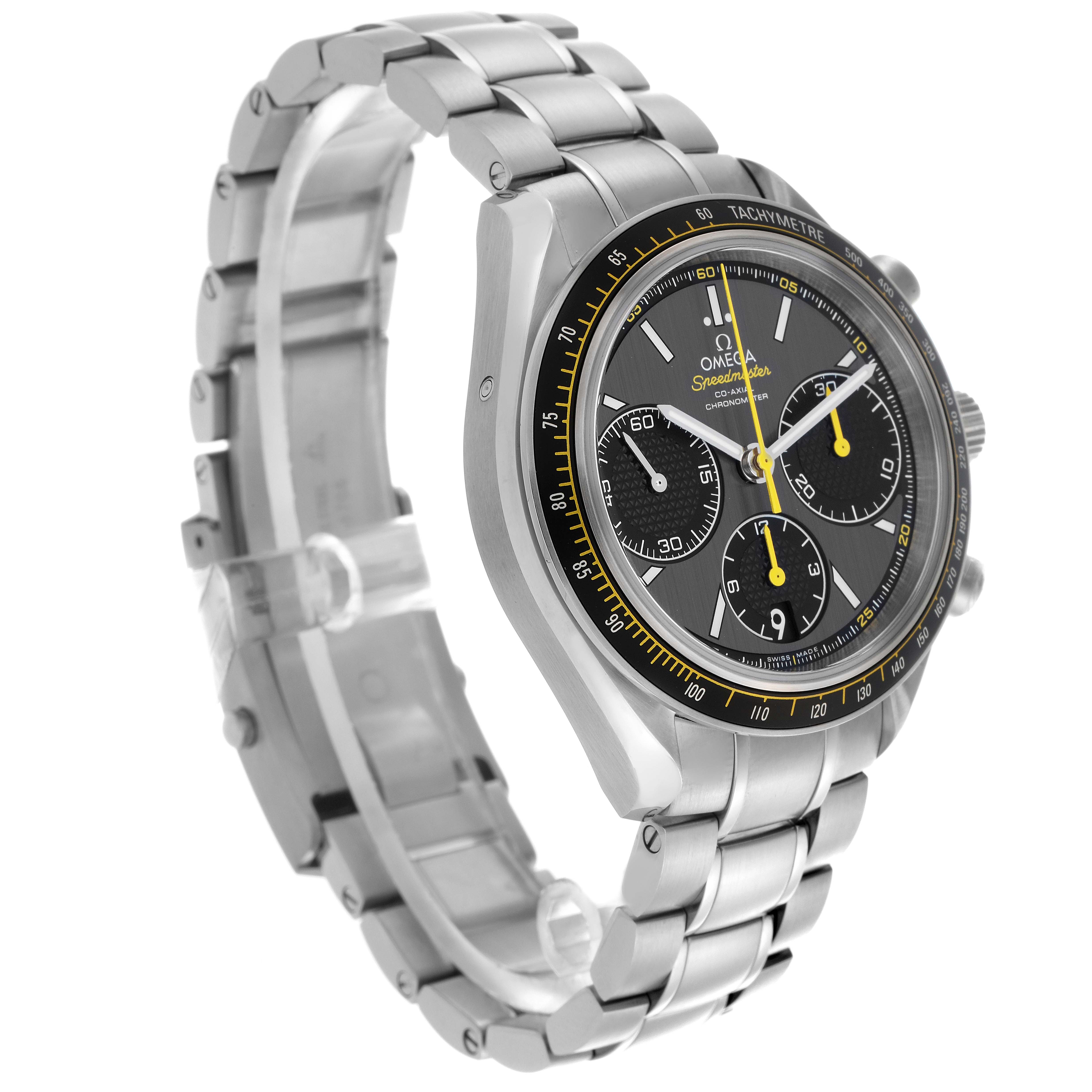 The Omega Speedmaster 326.30.40.50.06.001 Men
s Stainless Steel Grey Dial 326.30.40.50.06.001 Men
s Stainless Steel Grey Dial watch is shown from a side angle, displaying the bracelet, case, dial, and tachymetric scale.