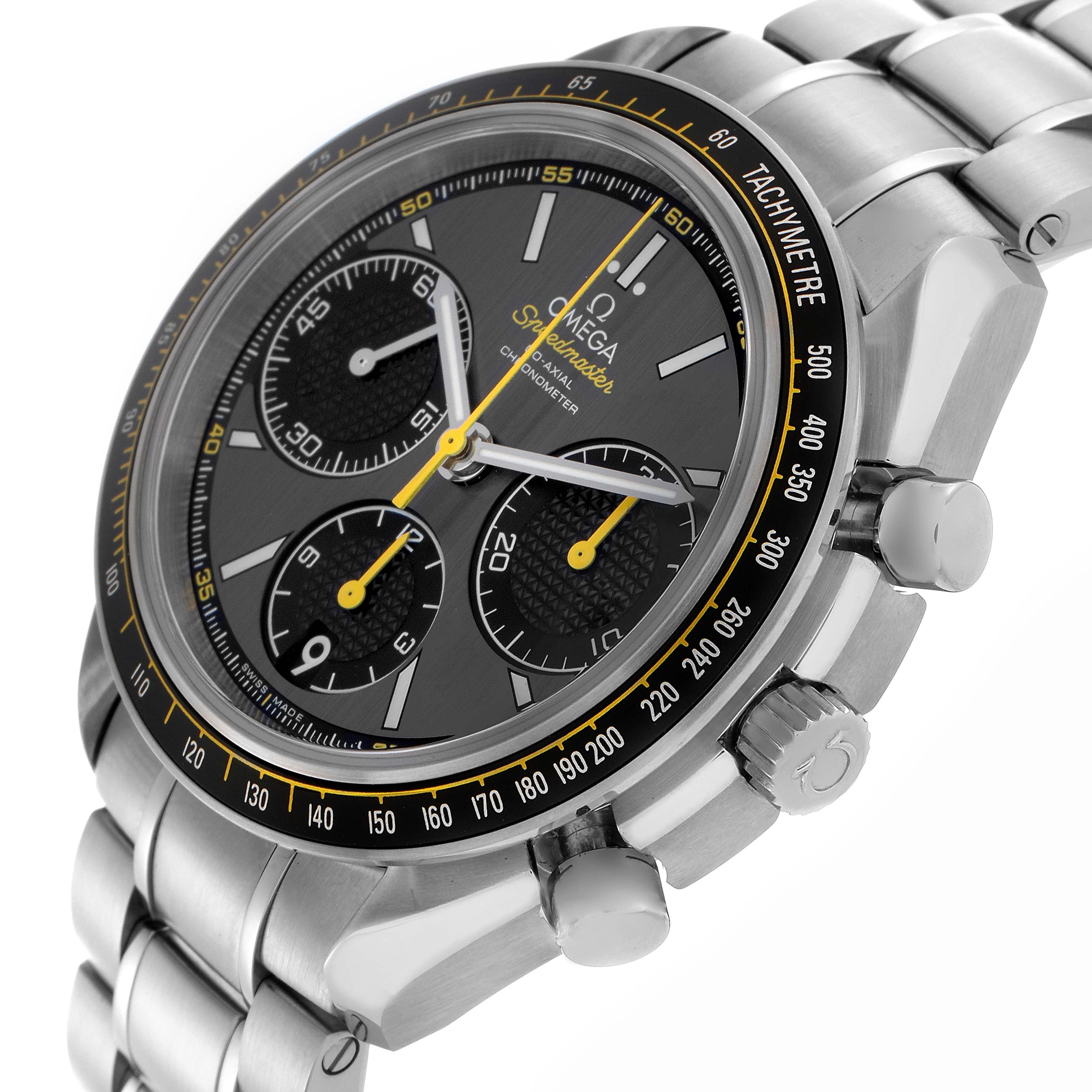 The Omega Speedmaster 326.30.40.50.06.001 Men
s Stainless Steel Grey Dial 326.30.40.50.06.001 Men
s Stainless Steel Grey Dial watch is shown at a slight side angle, highlighting the face, bezel, crown, and bracelet.