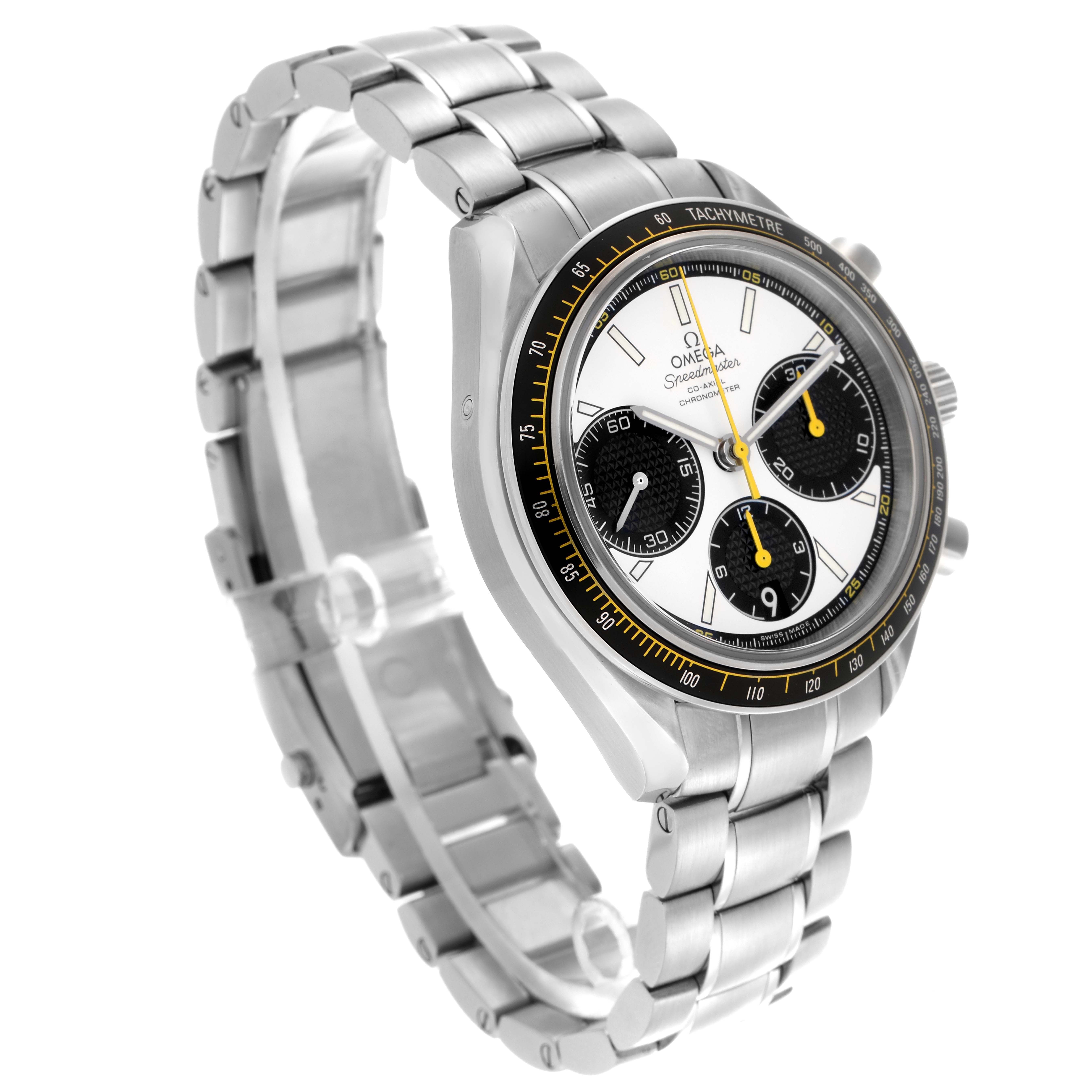 The Omega Speedmaster 326.30.40.50.04.001 Men
s Stainless Steel White Dial 326.30.40.50.04.001 Men
s Stainless Steel White Dial watch is shown at a three-quarter angle, highlighting the face, bezel, and stainless steel bracelet.