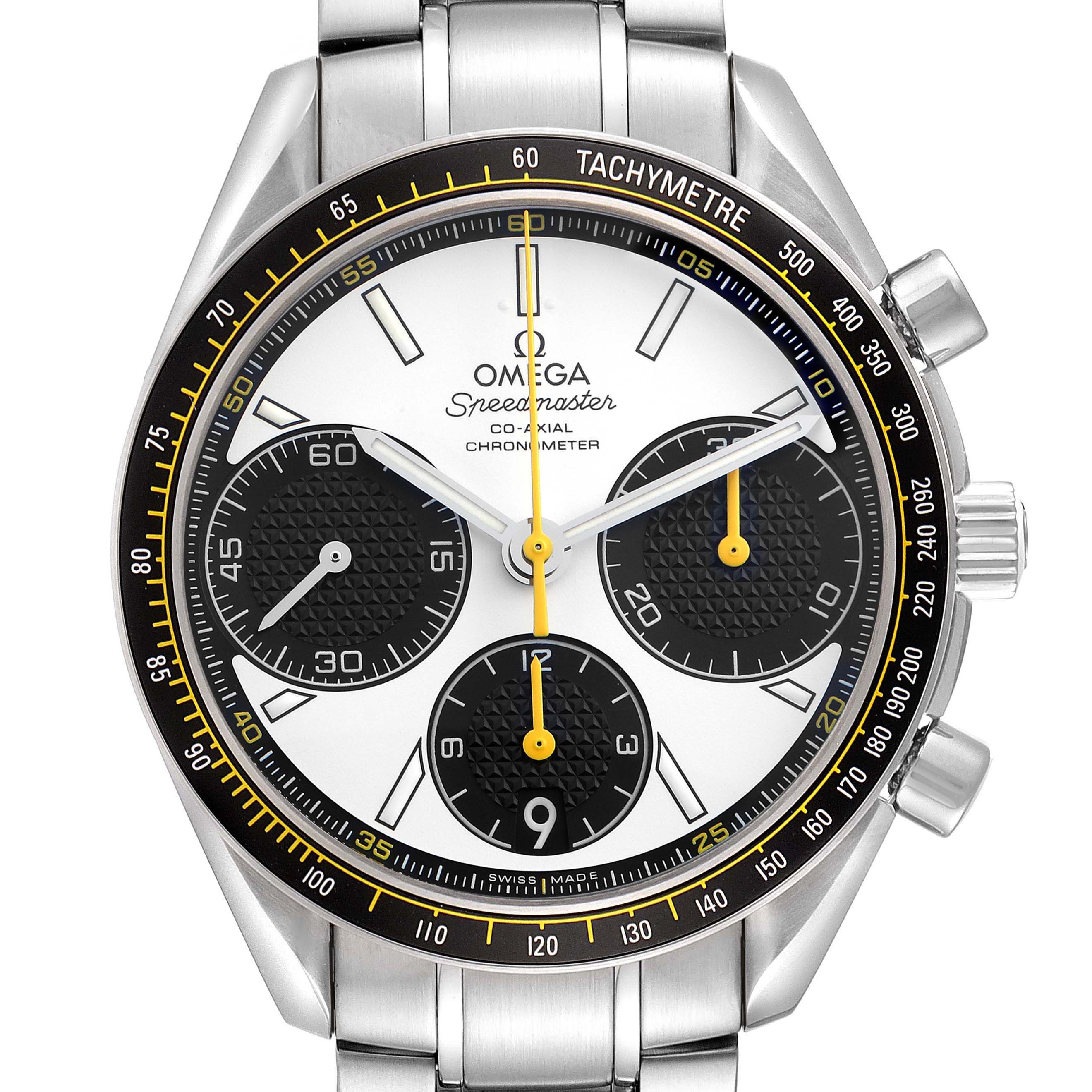 The Omega Speedmaster 326.30.40.50.04.001 Men
s Stainless Steel White Dial 326.30.40.50.04.001 Men
s Stainless Steel White Dial is shown from the front, displaying the dial, subdials, tachymeter bezel, crown, and pushers.