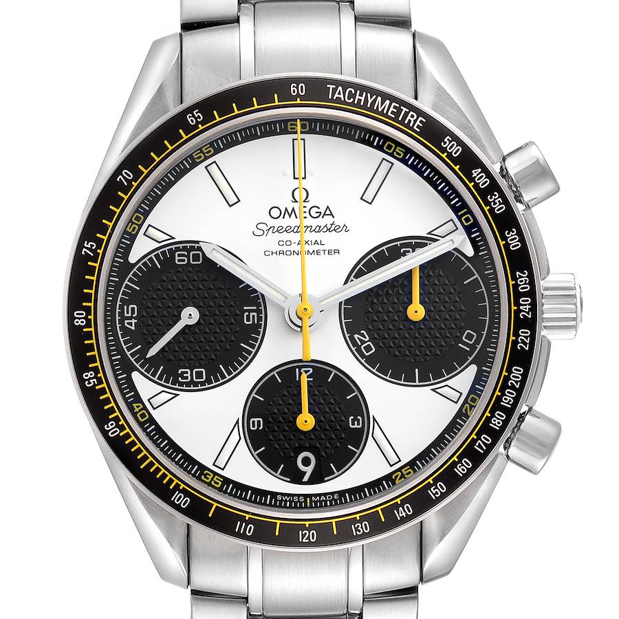 The Omega Speedmaster is shown from the front, displaying the dial, subdials, tachymeter bezel, crown, and pushers.