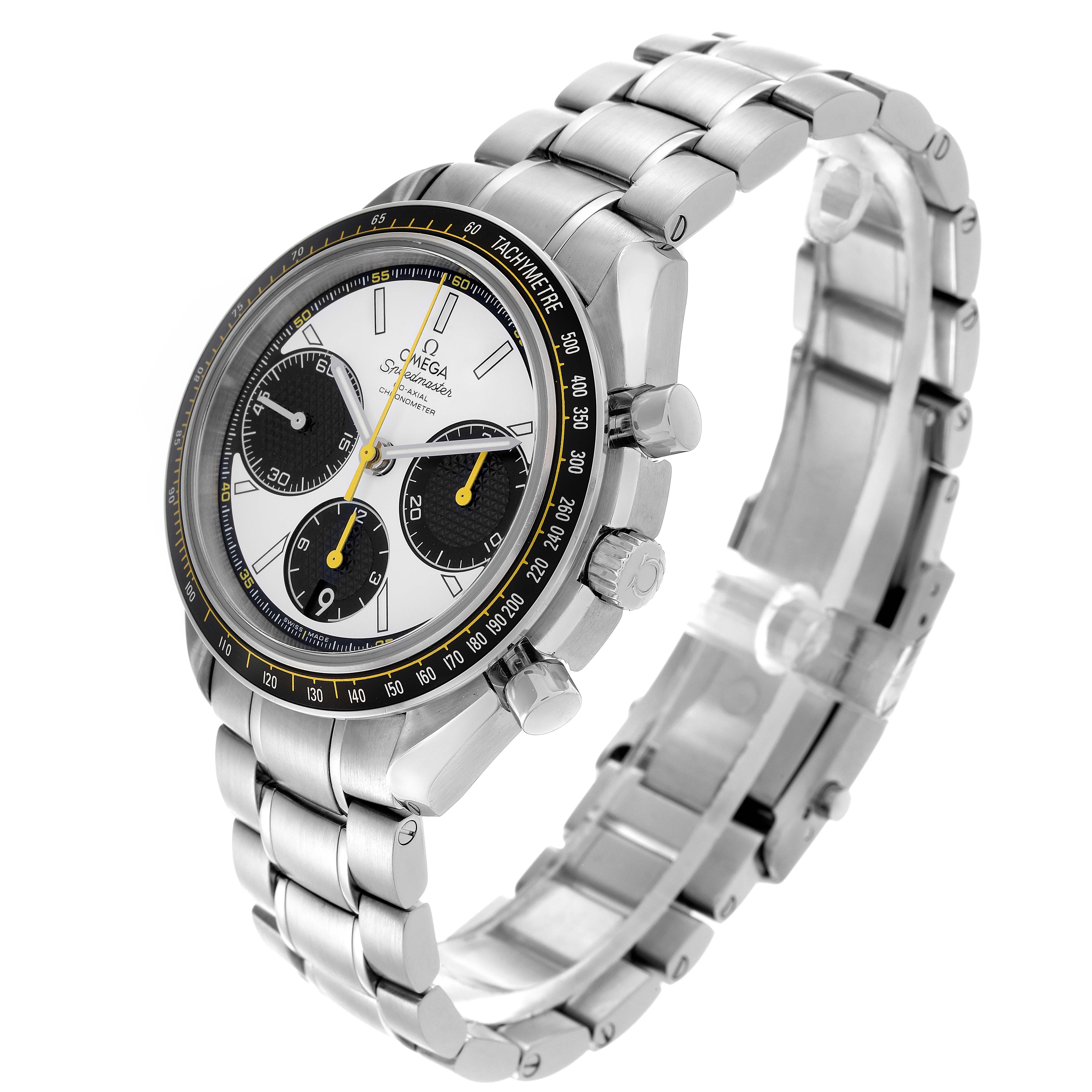The Omega Speedmaster 326.30.40.50.04.001 Men
s Stainless Steel White Dial 326.30.40.50.04.001 Men
s Stainless Steel White Dial watch is shown from a three-quarter angle, displaying the face, tachymeter bezel, pushers, and metal bracelet.