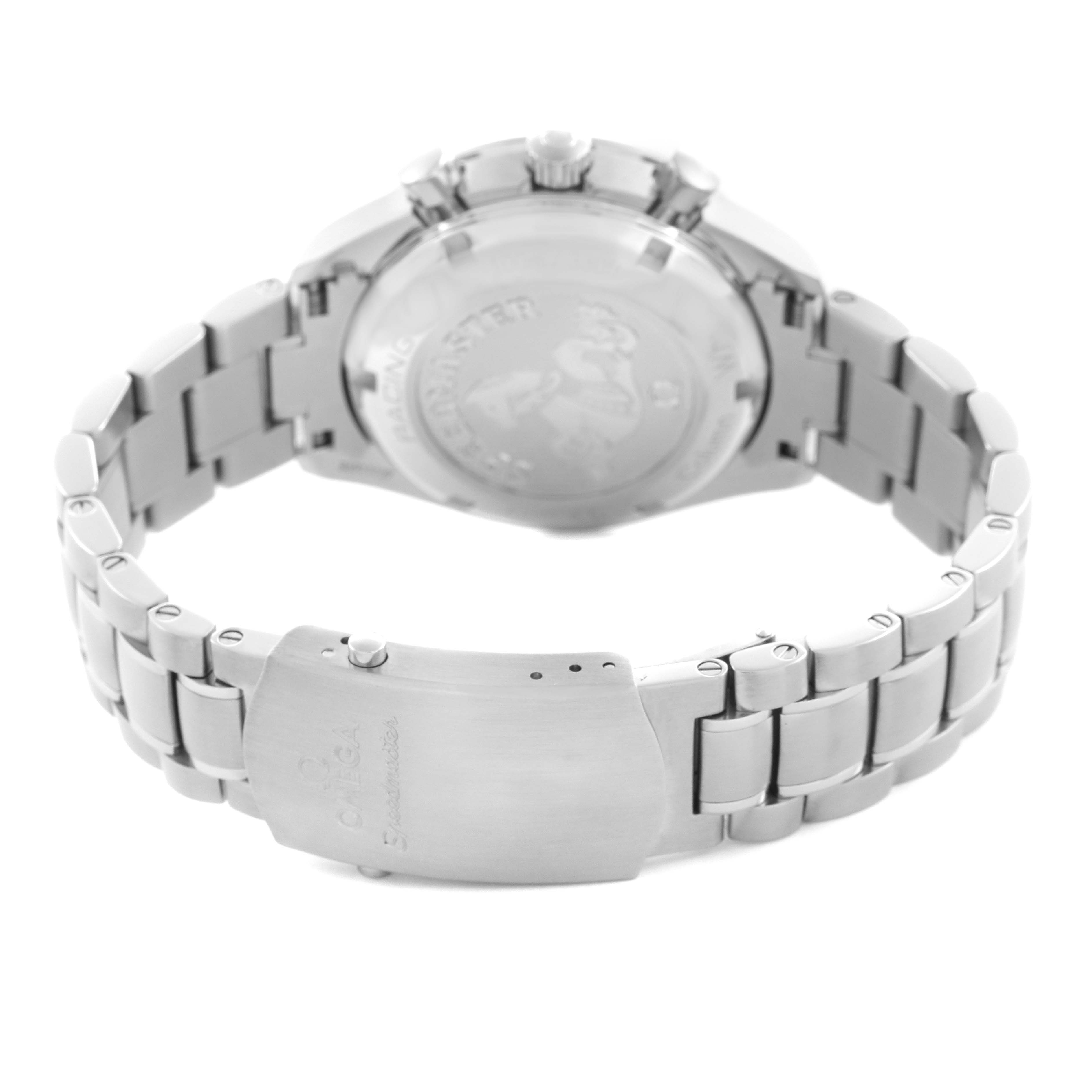 The image shows the Omega Speedmaster 326.30.40.50.04.001 Men
s Stainless Steel White Dial 326.30.40.50.04.001 Men
s Stainless Steel White Dial watch from the rear, highlighting the metal bracelet and clasp.