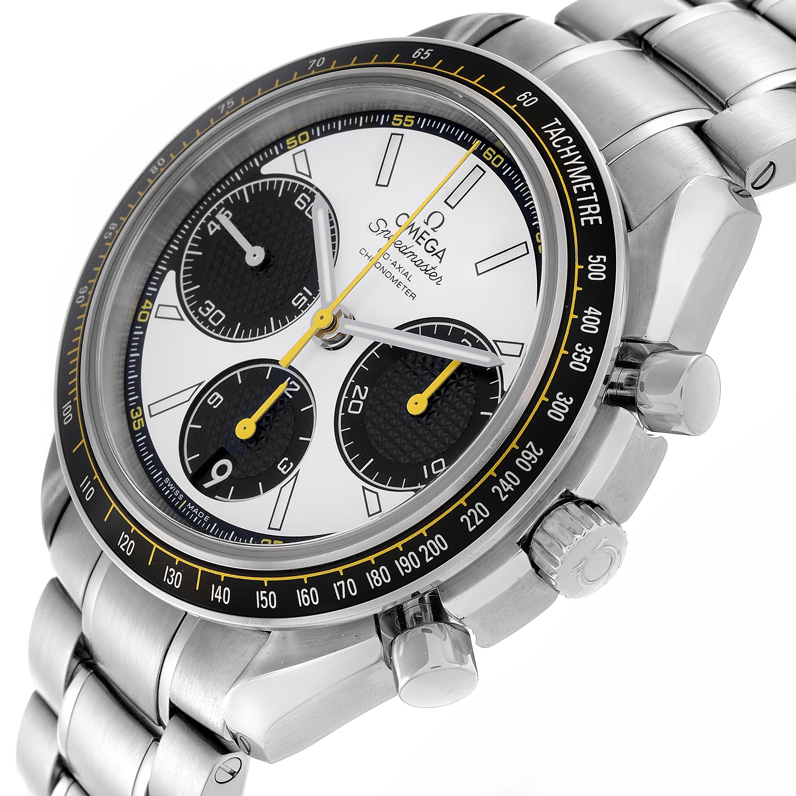 The image shows an angled close-up of an Omega Speedmaster 326.30.40.50.04.001 Men
s Stainless Steel White Dial 326.30.40.50.04.001 Men
s Stainless Steel White Dial watch, highlighting the face, subdials, bezel, and stainless steel bracelet.