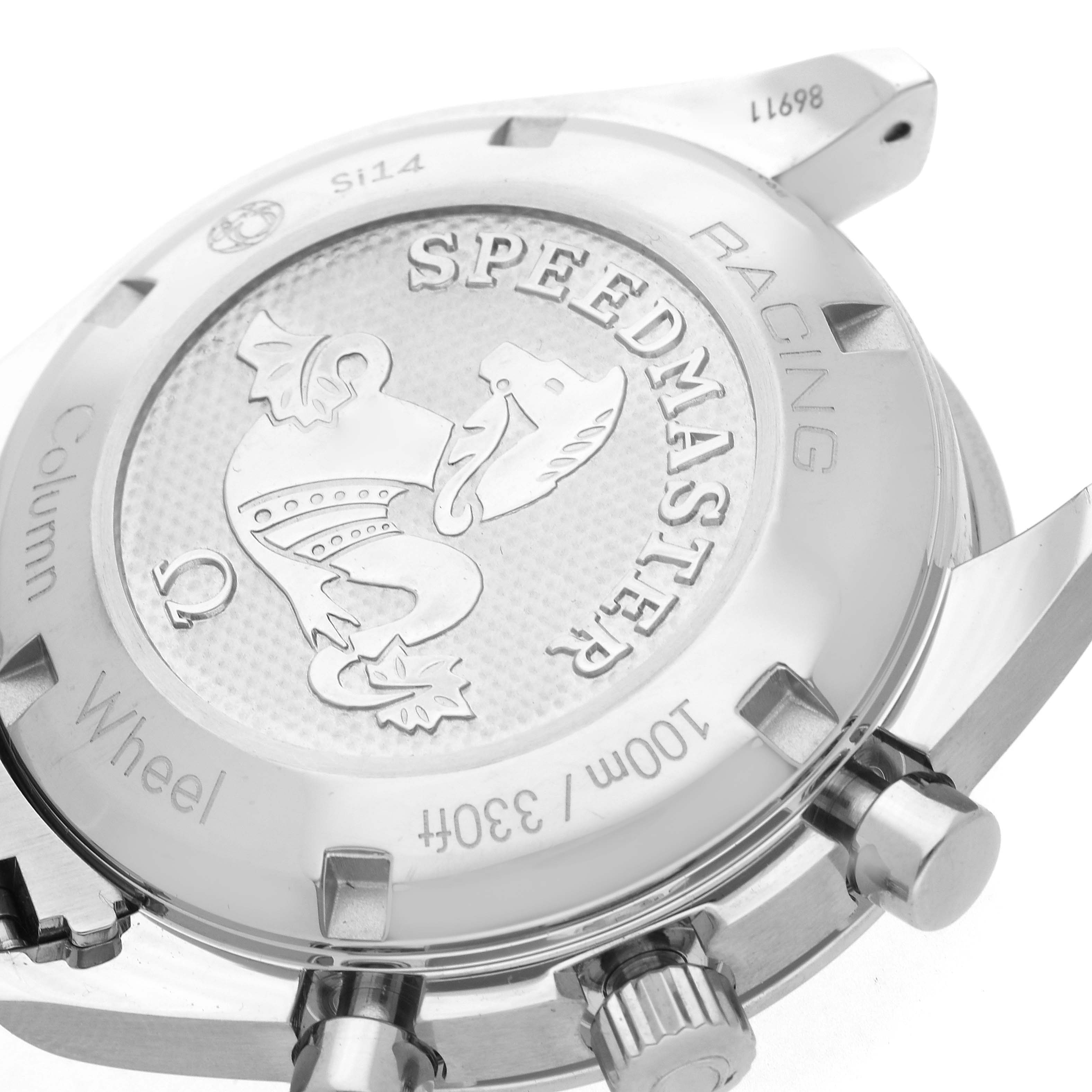 The image shows the back case of an Omega Speedmaster 326.30.40.50.04.001 Men
s Stainless Steel White Dial 326.30.40.50.04.001 Men
s Stainless Steel White Dial, highlighting the engraved logo and text, with visible lugs and crown.