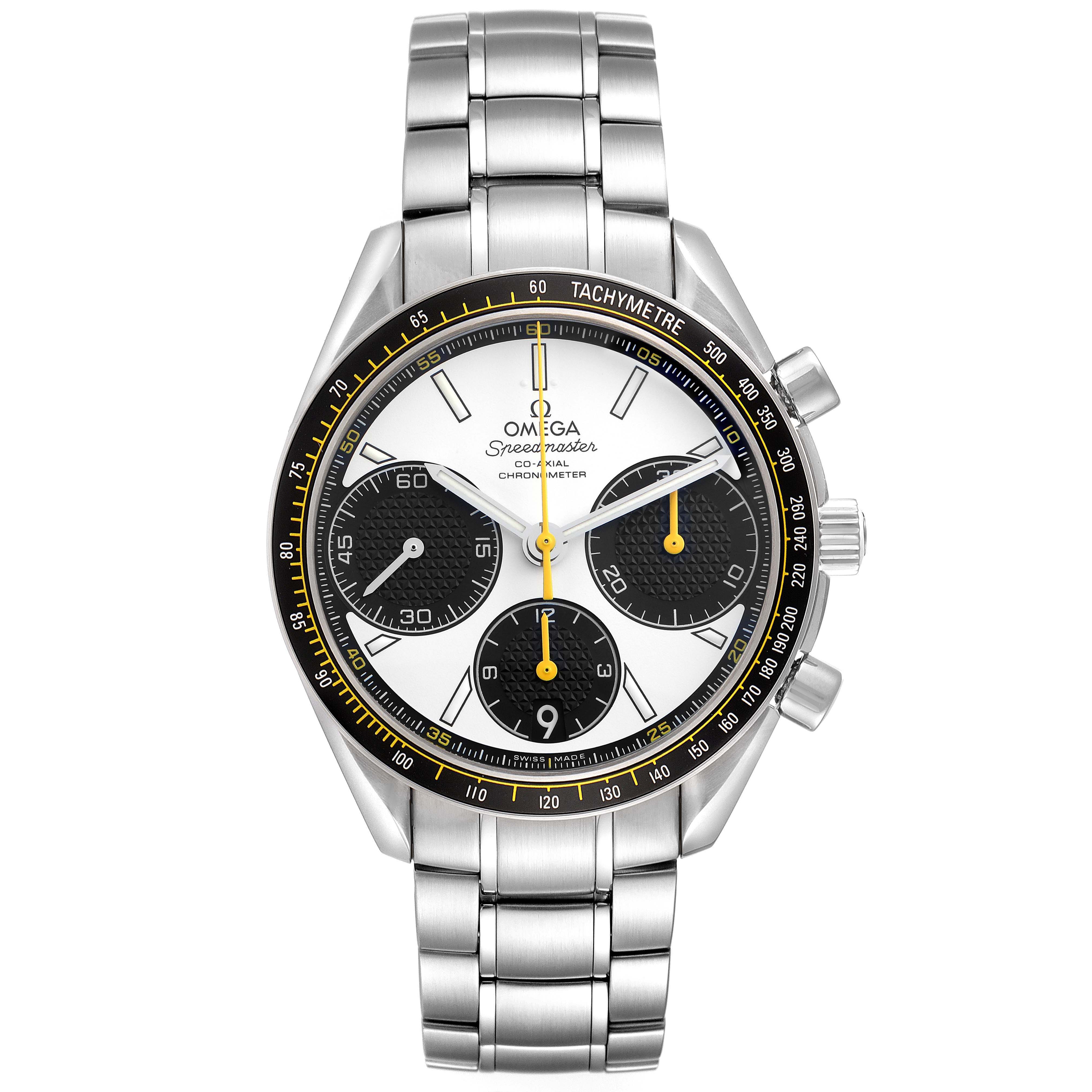The Omega Speedmaster 326.30.40.50.04.001 Men
s Stainless Steel White Dial 326.30.40.50.04.001 Men
s Stainless Steel White Dial watch is shown from a front angle, highlighting the dial, bezel, and metal bracelet.